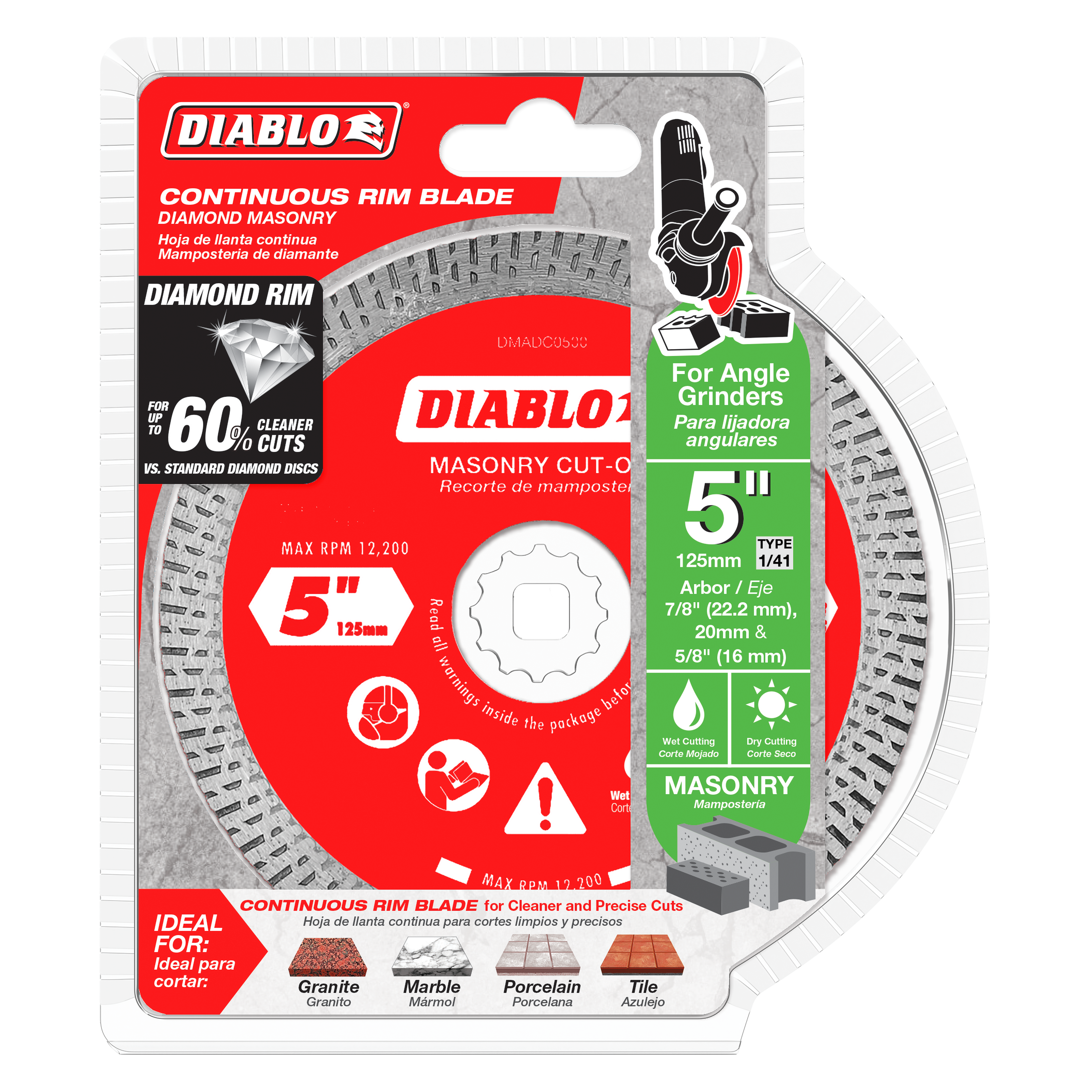 Diablo 5-inch diamond continuous rim cut-off disc for masonry in packaging showing specifications and angle grinder compatibi