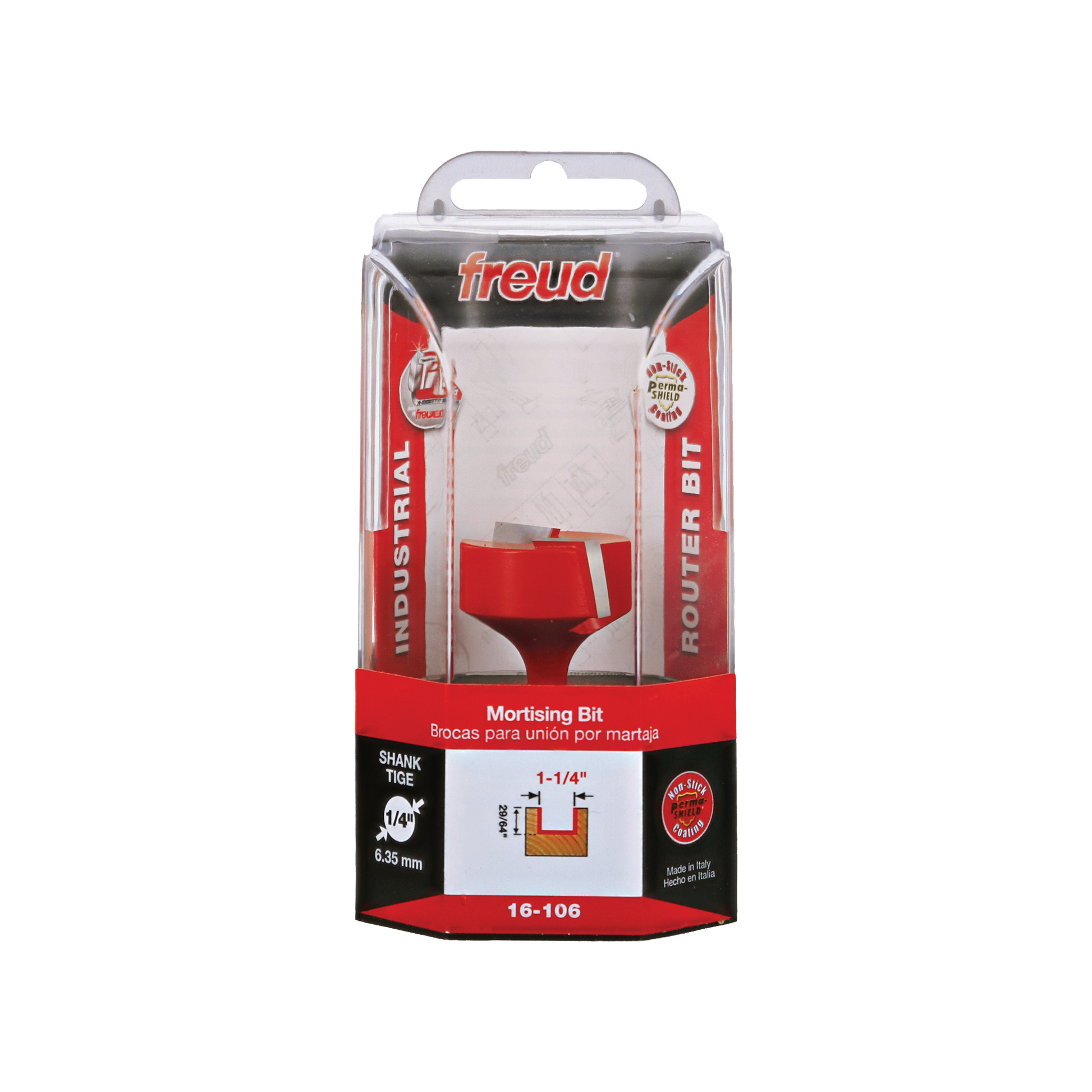 Freud 16-106 mortising bit with 1-1/4" diameter red cutting head and 1/4" shank in clear plastic clamshell packaging.