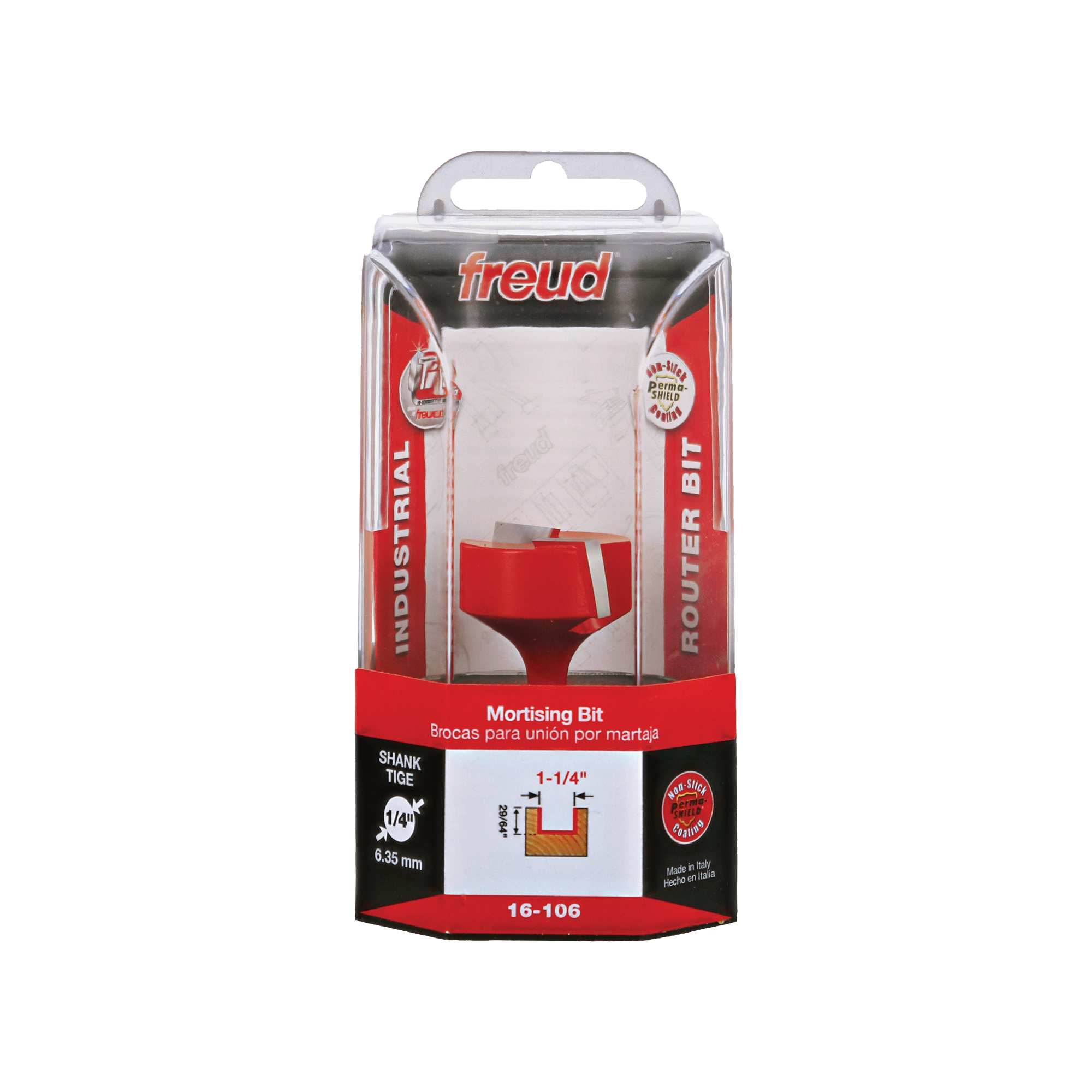 Freud 16-106 mortising bit with 1-1/4" diameter red cutting head and 1/4" shank in clear plastic clamshell packaging.