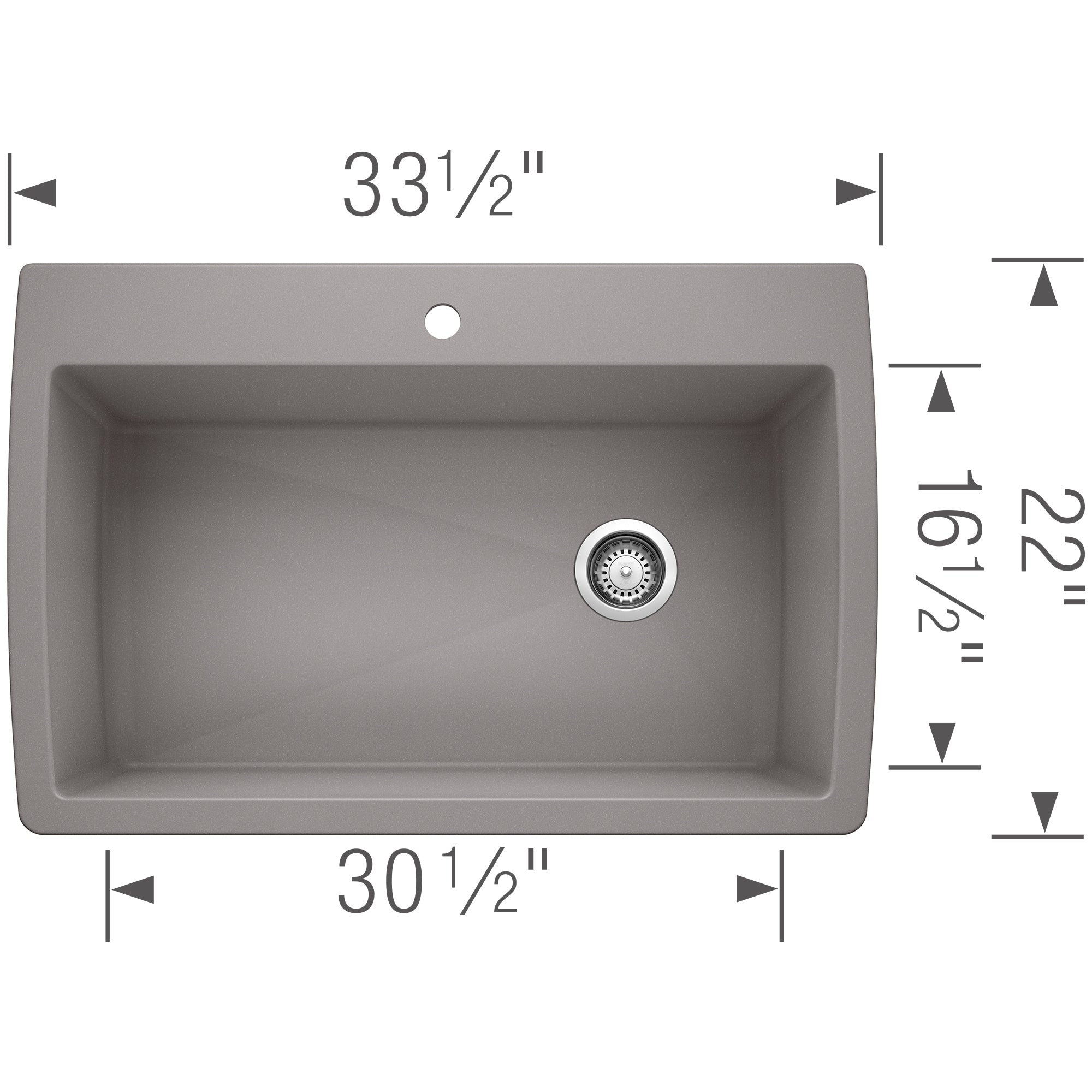 Metallic gray single bowl drop-in kitchen sink with drain strainer, measuring 33½" wide by 22" deep.