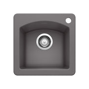 Cinder-colored drop-in bar sink with single bowl, chrome strainer, and faucet hole in upper right corner.