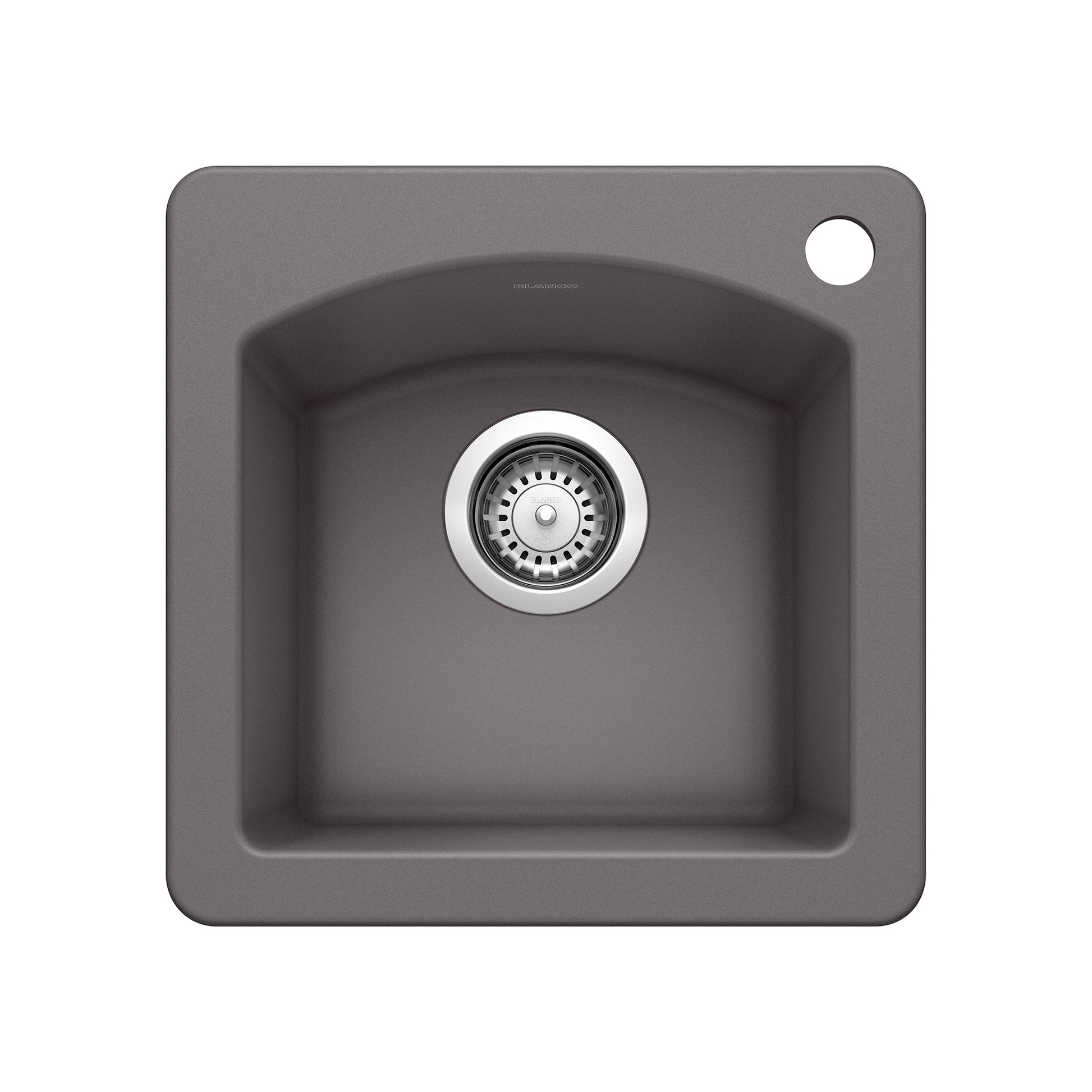 Cinder-colored drop-in bar sink with single bowl, chrome strainer, and faucet hole in upper right corner.