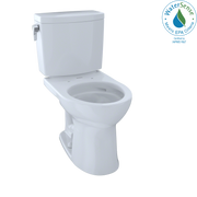 White two-piece round toilet with closed lid, tank, and chrome handle lever on side.