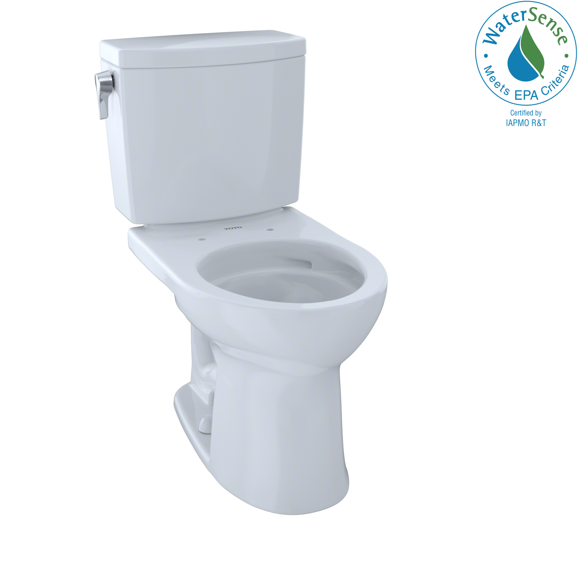 White two-piece round toilet with closed lid, tank, and chrome handle lever on side.