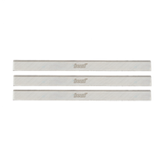 Three silver rectangular planer and jointer knife blades with Freud branding stamped on surface.