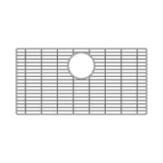 Stainless steel sink grid with rectangular shape and crosshatch pattern, featuring circular drain opening in center.