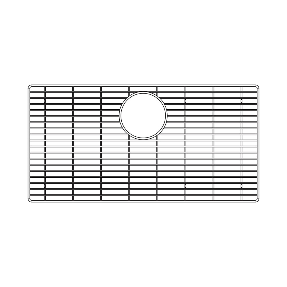 Stainless steel sink grid with rectangular shape and crosshatch pattern, featuring circular drain opening in center.