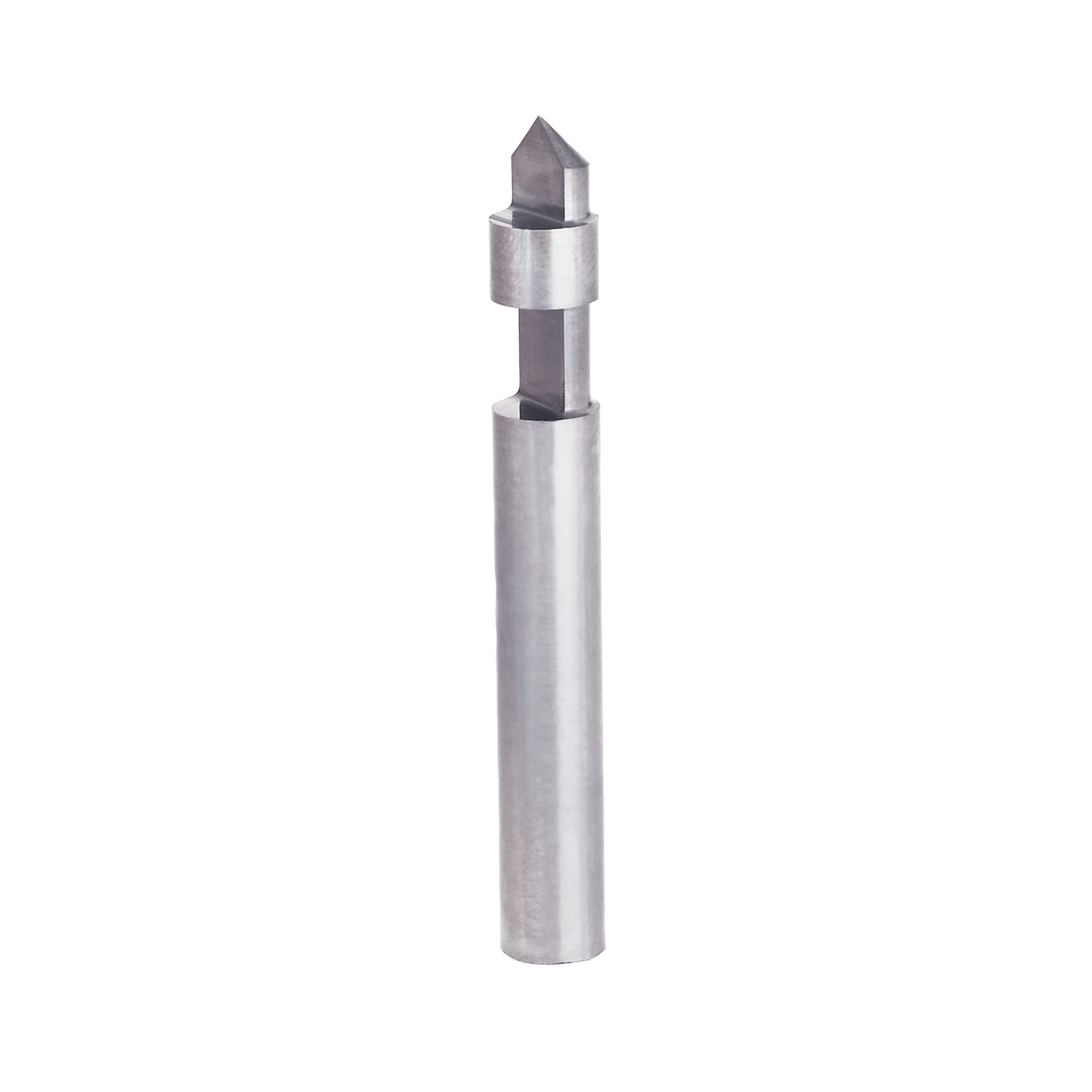 Metal panel pilot bit with pointed conical tip and cylindrical shaft on white background.