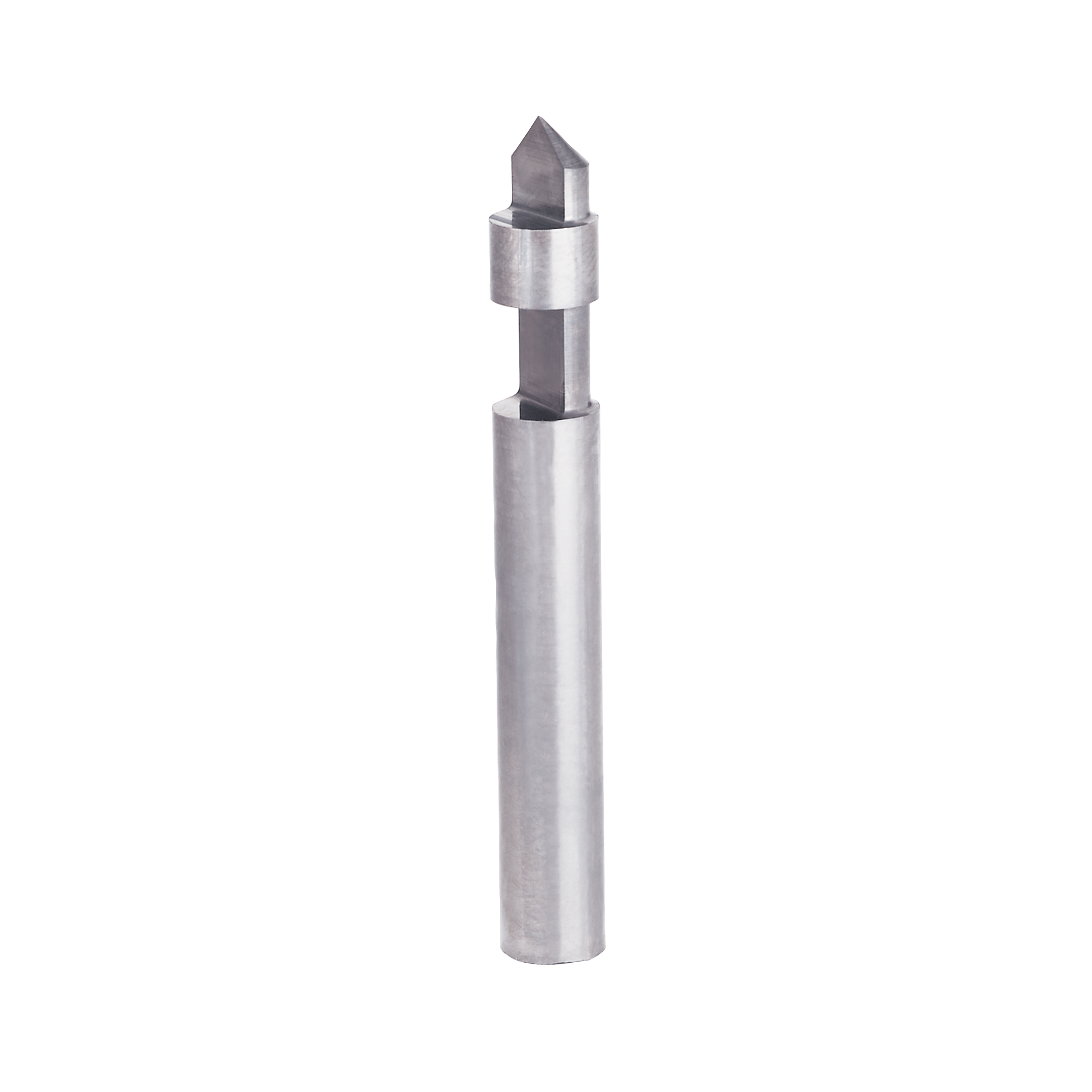 Metal panel pilot bit with pointed conical tip and cylindrical shaft on white background.