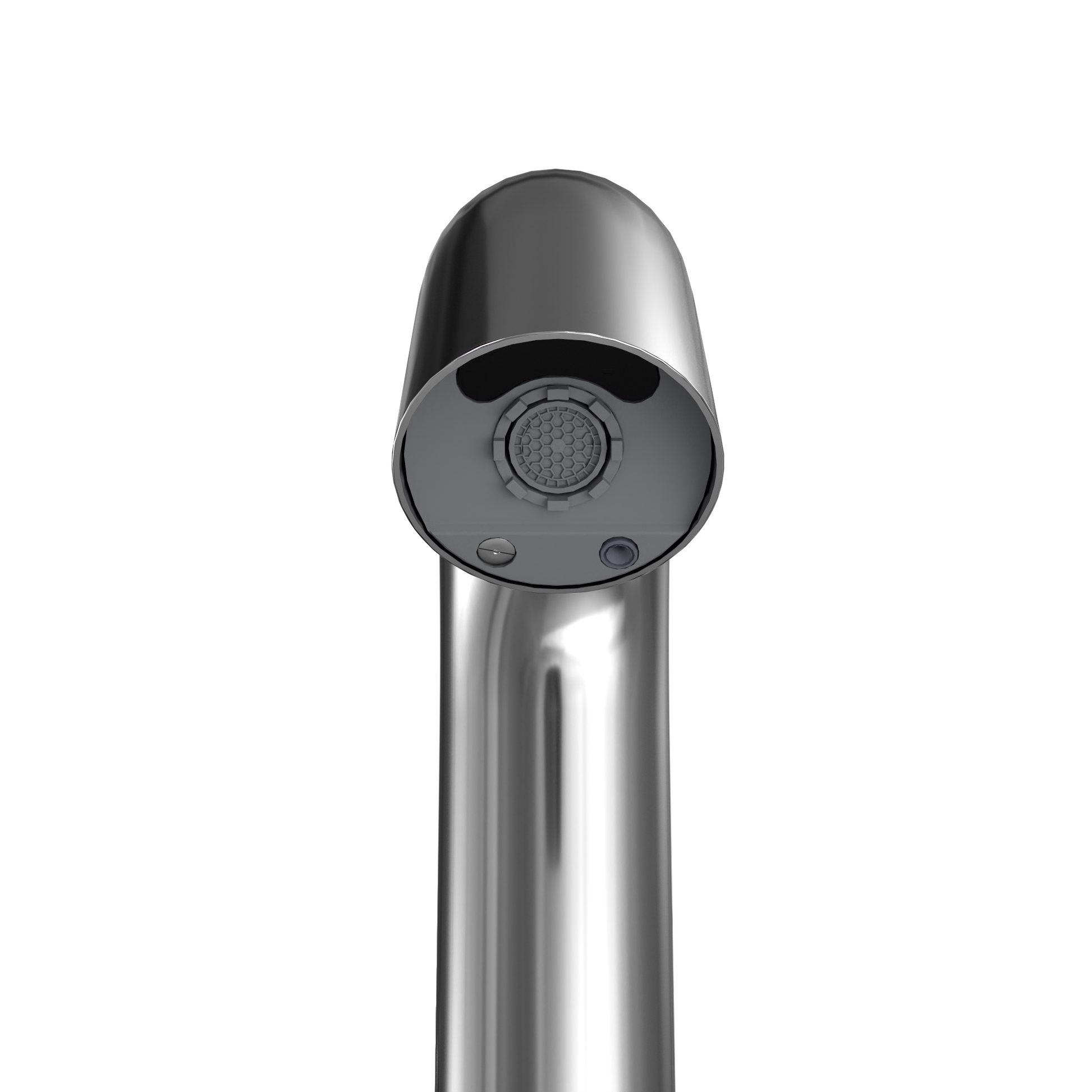 Polished chrome touchless bathroom faucet with sensor-activated aerator and black trim ring.