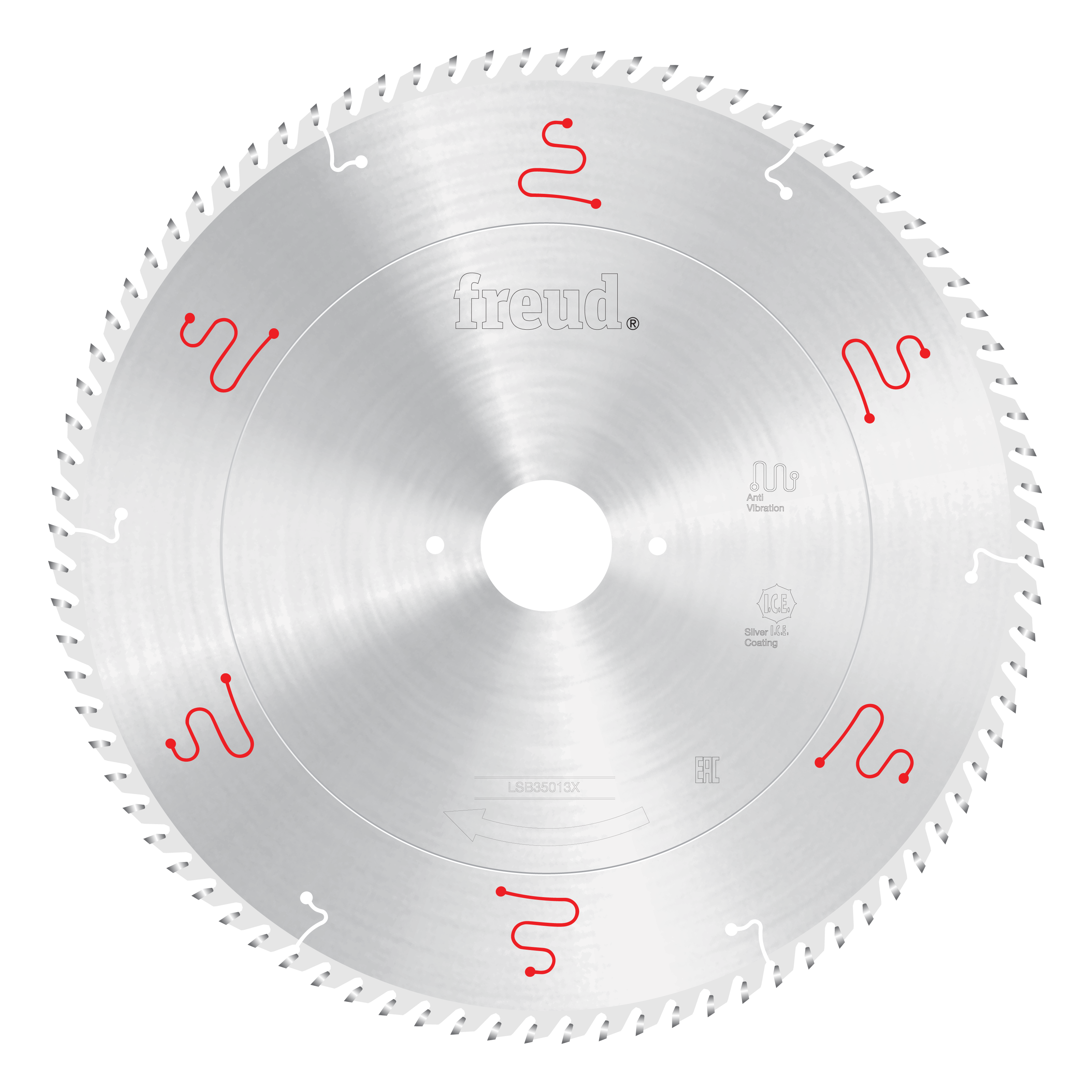Freud 350mm circular saw blade with silver steel body, white center hole, and rows of cutting teeth around perimeter with red