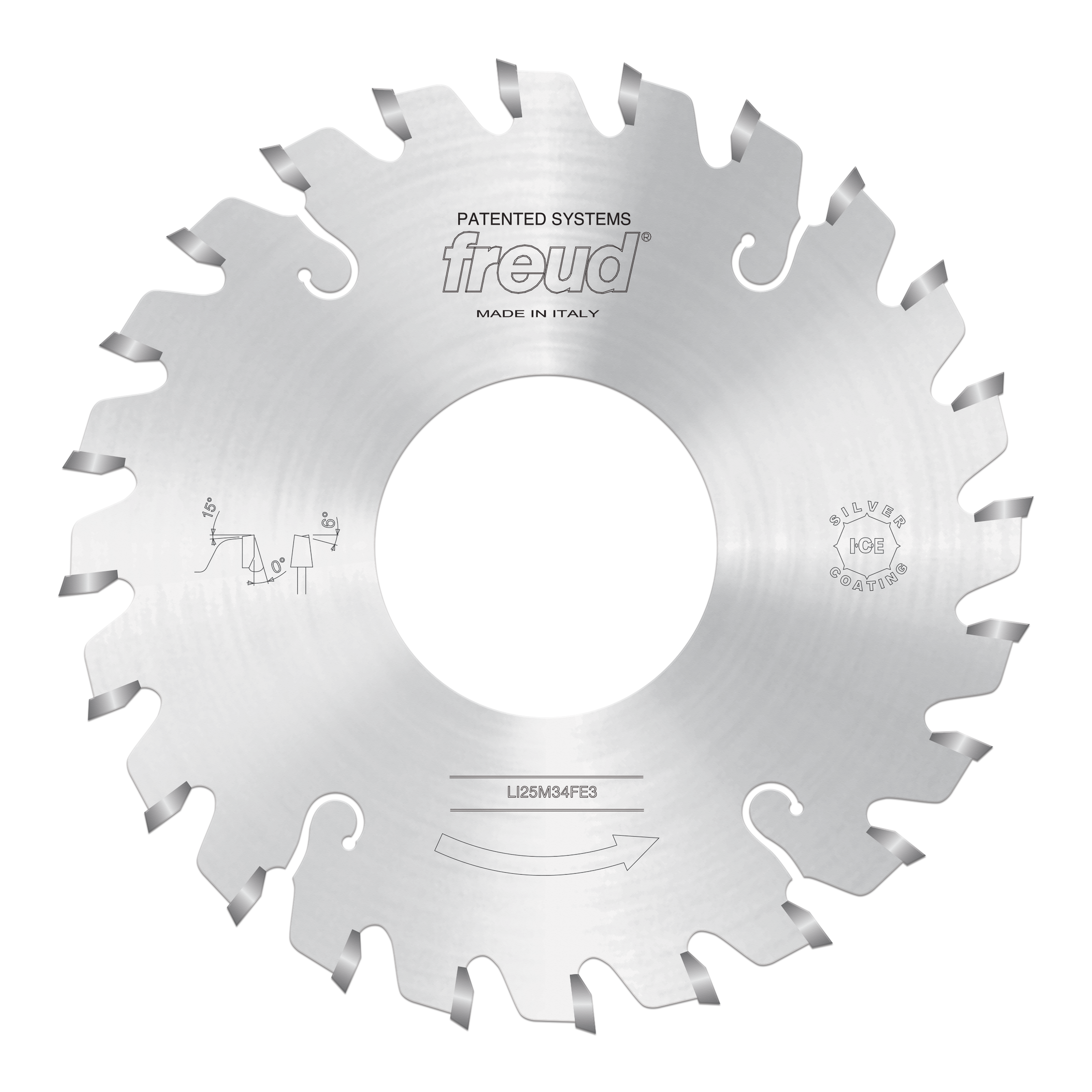 Circular saw blade with angled cutting teeth around the perimeter, center hole, and Freud branding, manufactured in Italy.
