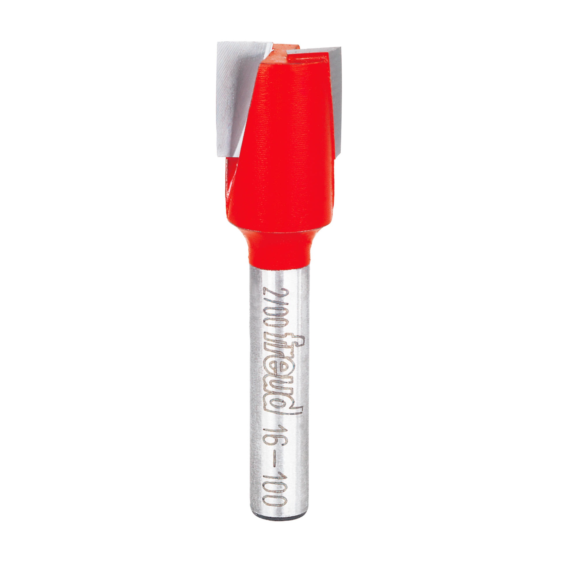 Red and silver mortising bit with 1/2" diameter cutting head and cylindrical shank labeled Freud.
