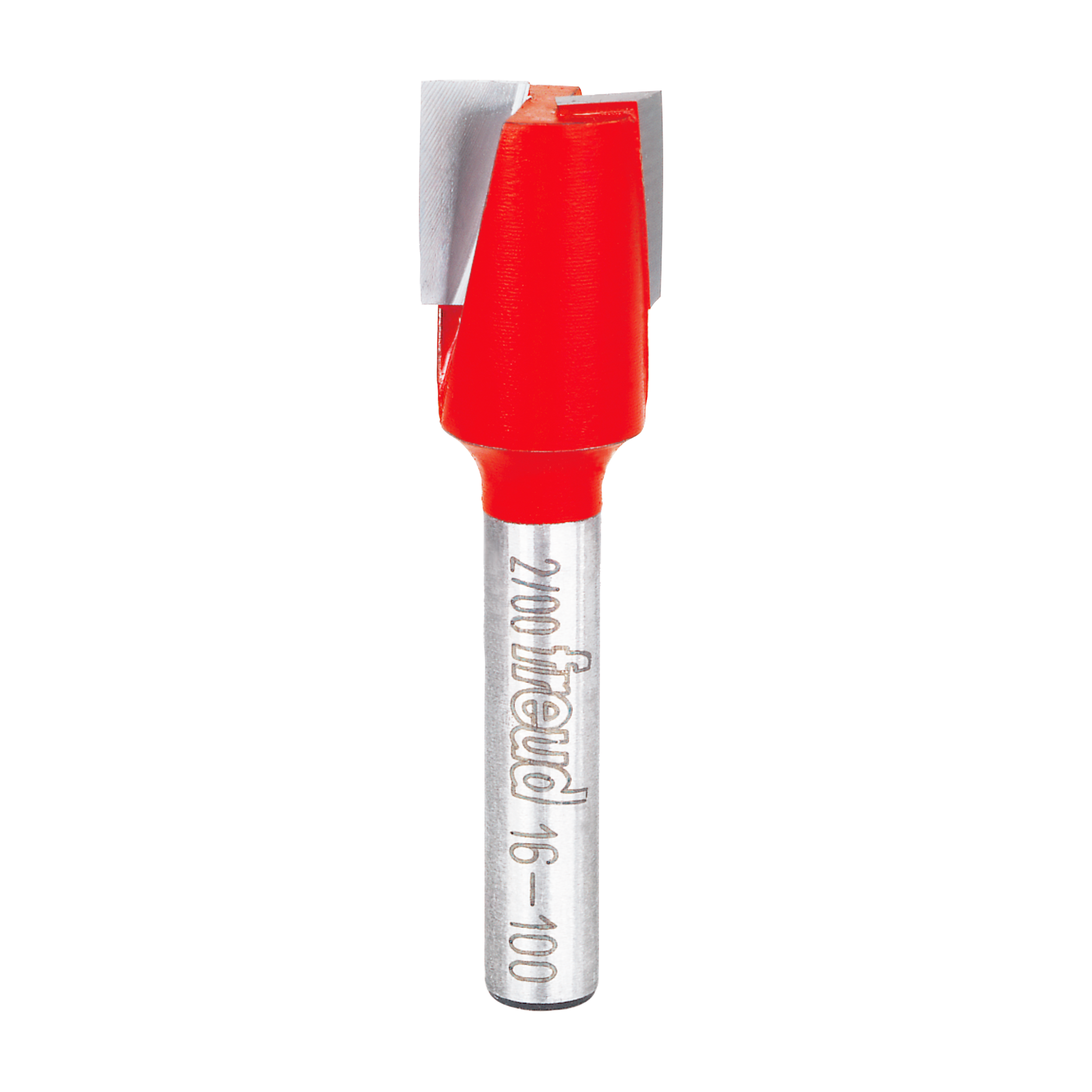 Red and silver mortising bit with 1/2" diameter cutting head and cylindrical shank labeled Freud.