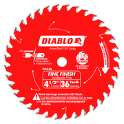 Red circular saw blade with 36 gray carbide teeth, 4-1/2 inch diameter, Diablo brand logo and fine finish markings visible.