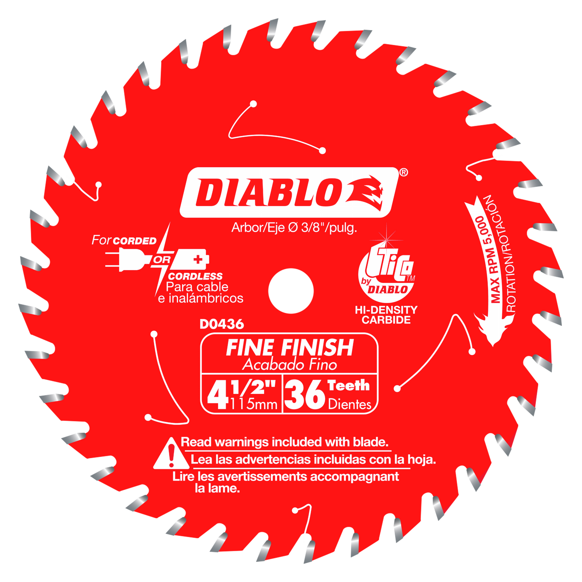 Red circular saw blade with 36 gray carbide teeth, 4-1/2 inch diameter, Diablo brand logo and fine finish markings visible.