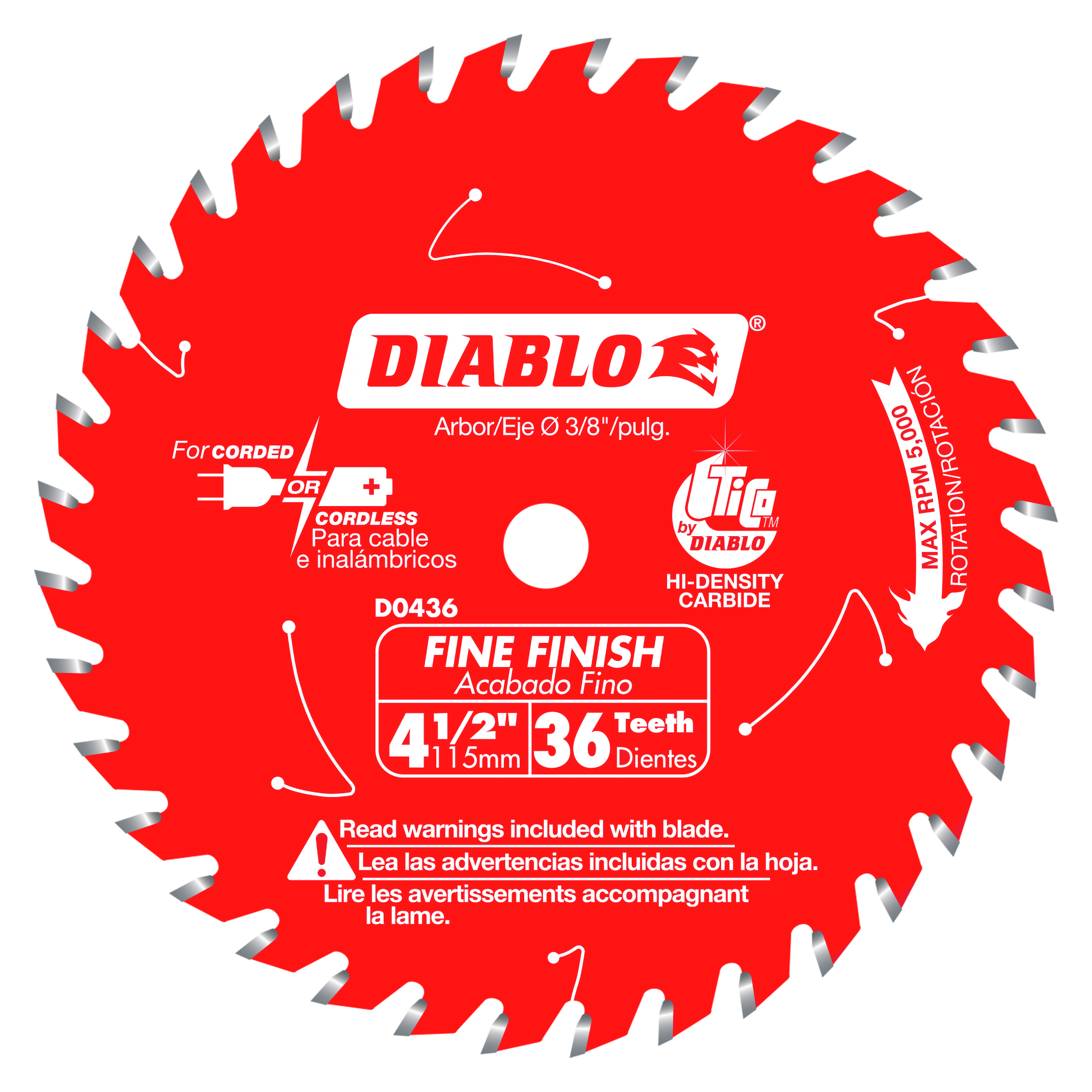 Red circular saw blade with 36 gray carbide teeth, 4-1/2 inch diameter, Diablo brand logo and fine finish markings visible.