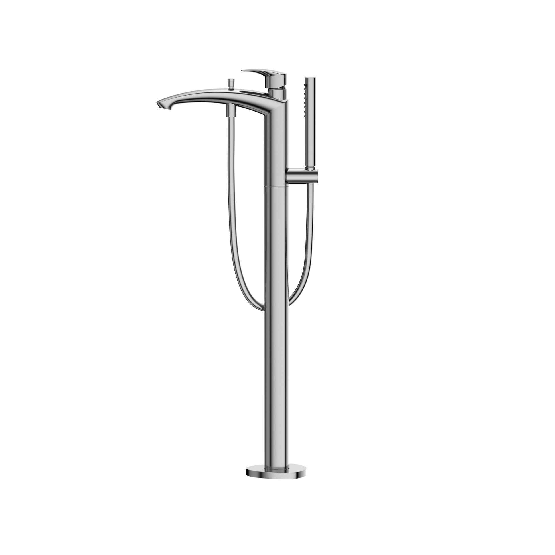 Polished chrome freestanding tub filler with single handle, curved spout, and detachable handshower on hose.