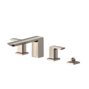 Brushed nickel two-handle deck-mount roman tub filler with curved spout and detachable handshower.
