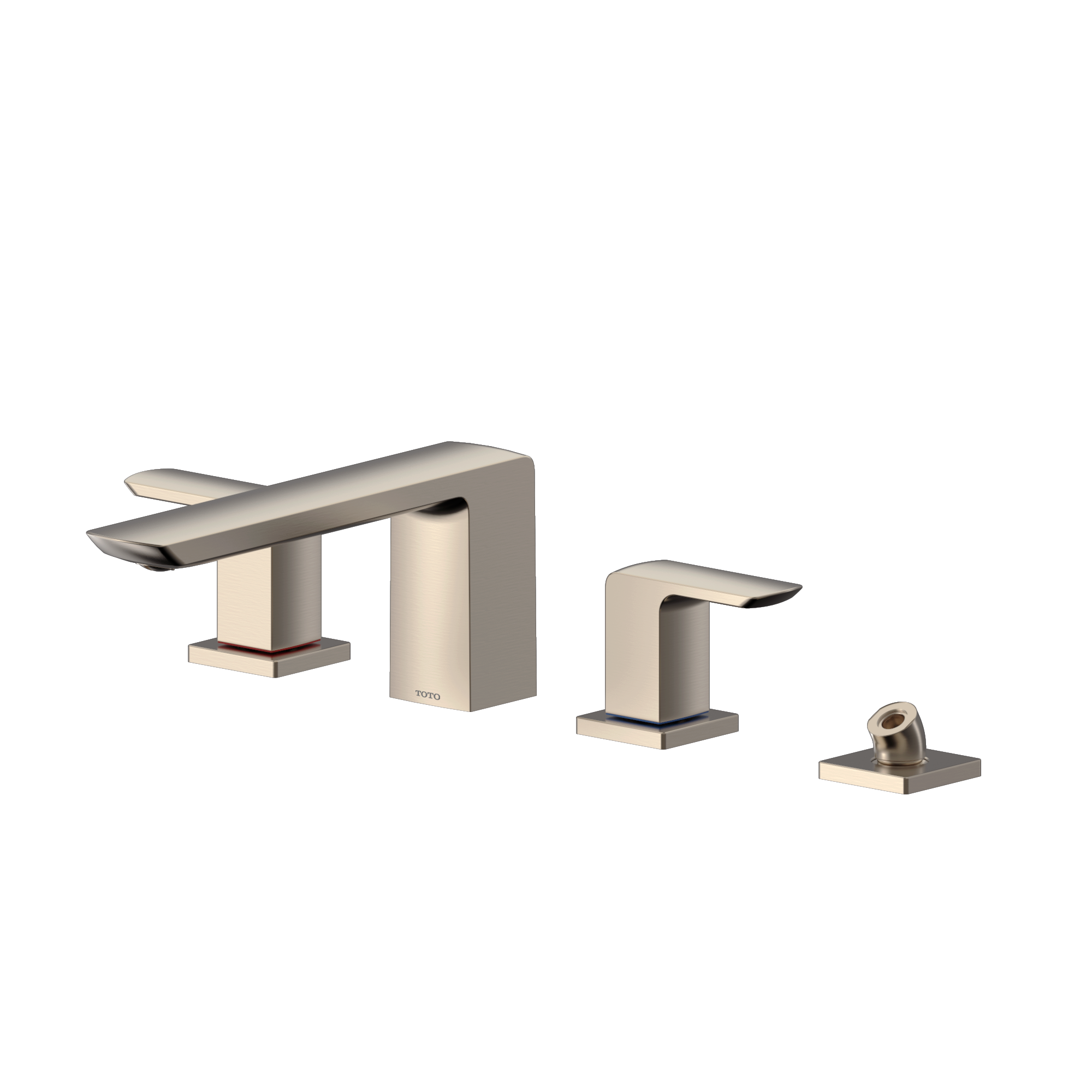 Brushed nickel two-handle deck-mount roman tub filler with curved spout and detachable handshower.