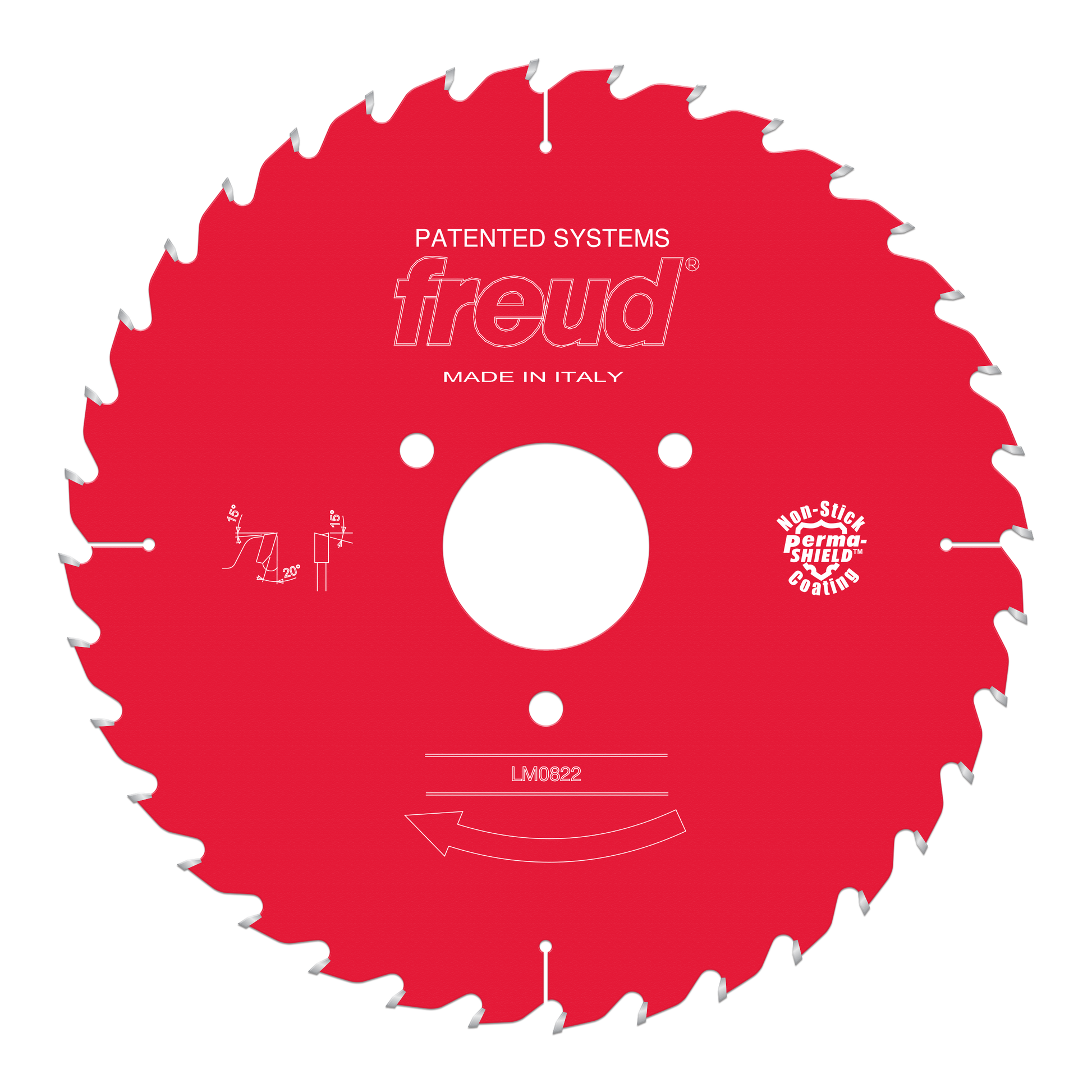 Red circular saw blade with silver teeth, white center hole, and Freud branding and specifications printed on the face.