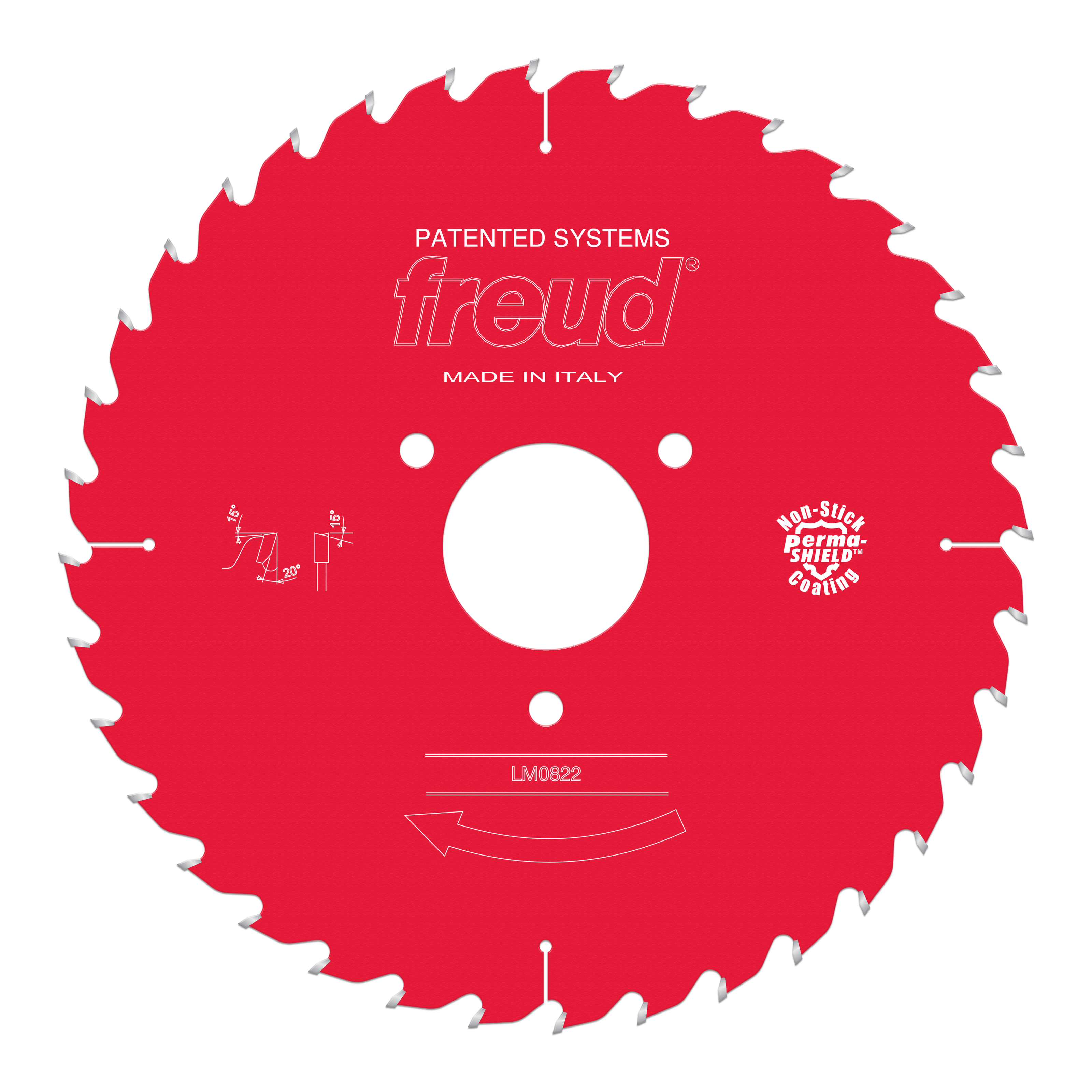 Red circular saw blade with silver teeth, white center hole, and Freud branding and specifications printed on the face.