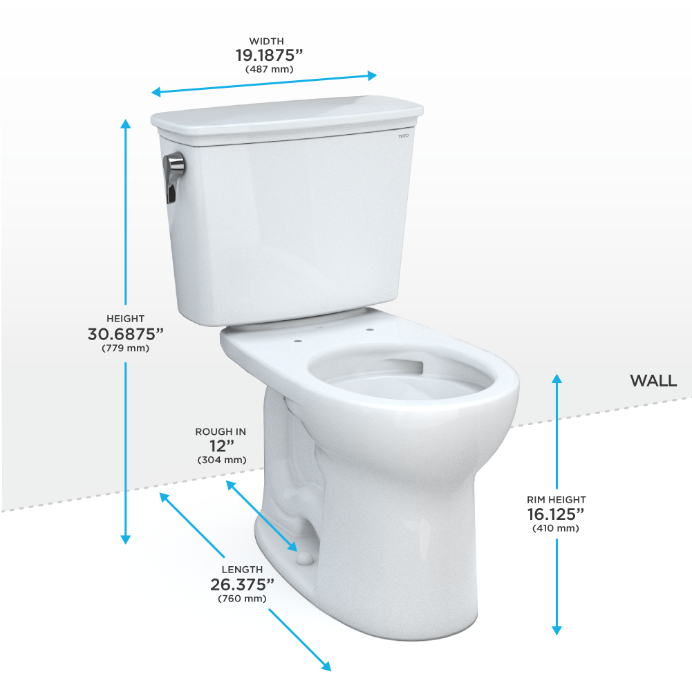 White two-piece round toilet with tank and bowl, dimensions labeled showing 19.1875" width, 30.6875" height, and 26.375" leng