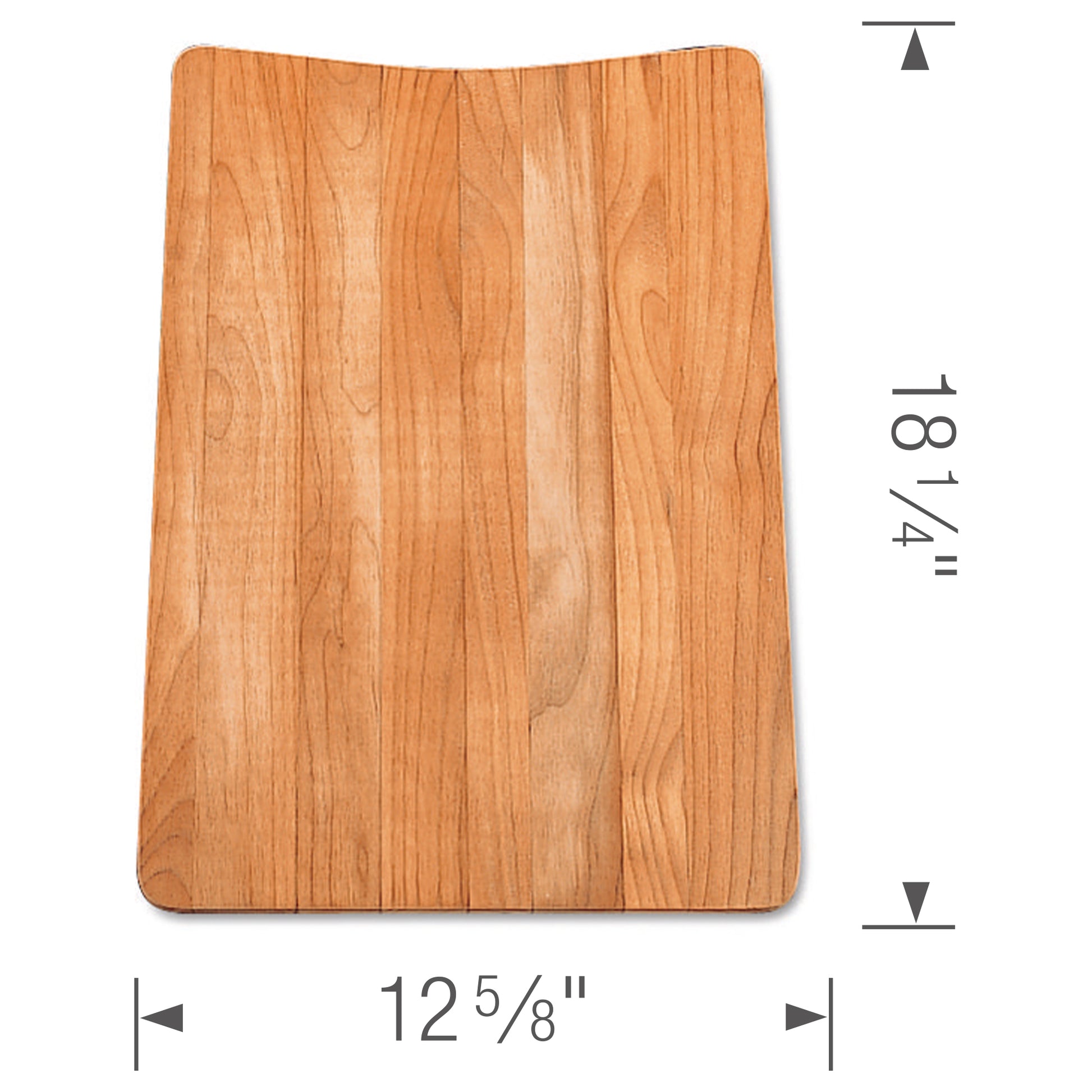 Rectangular wood cutting board with rounded corners and natural grain pattern, measuring 12 5/8" by 18 1/4".