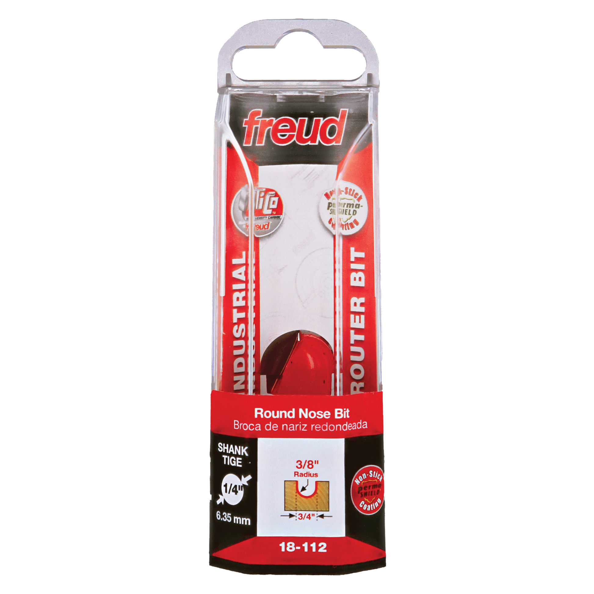 Red Freud round nose router bit with 1/4" shank in clear plastic packaging labeled 18-112.