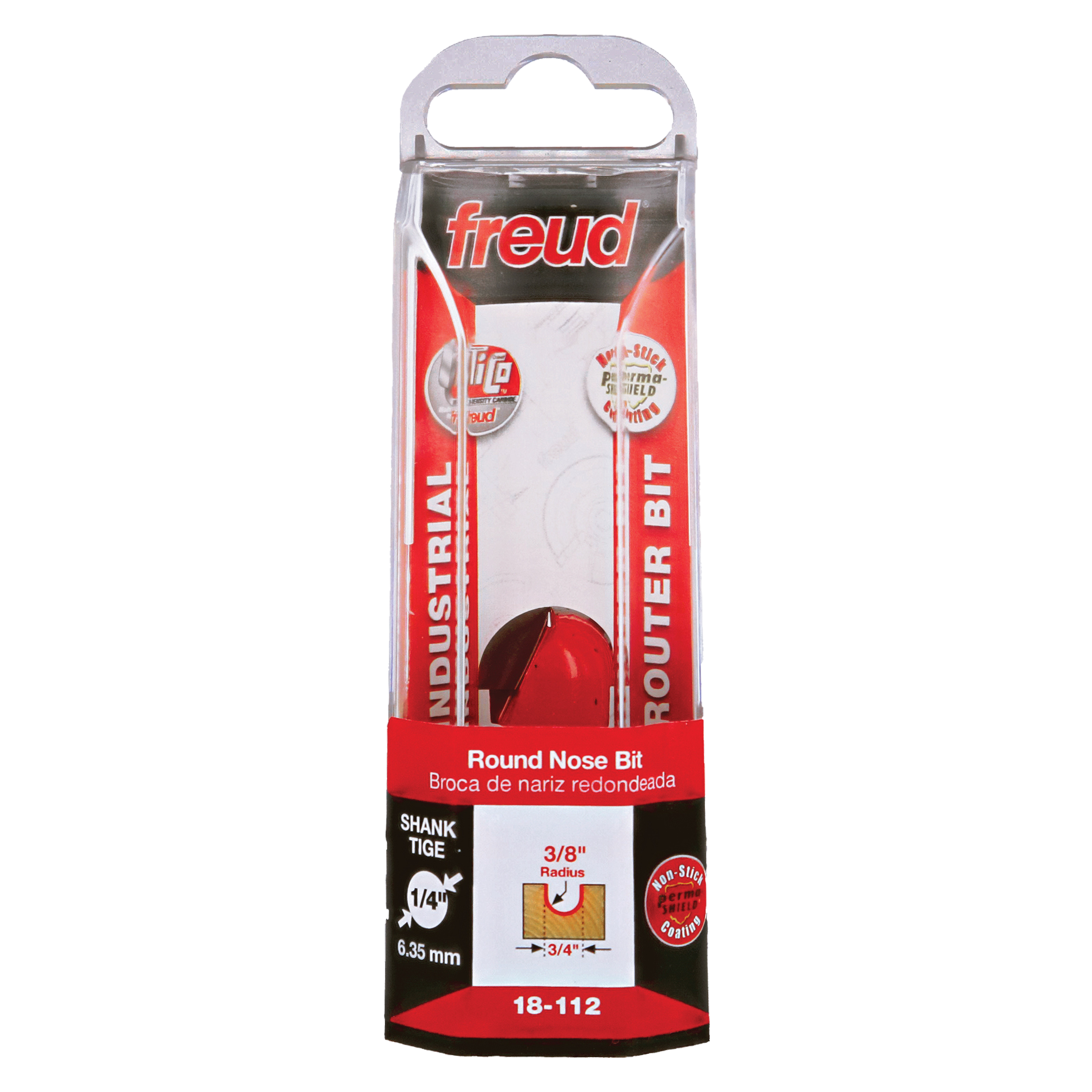 Red Freud round nose router bit with 1/4" shank in clear plastic packaging labeled 18-112.