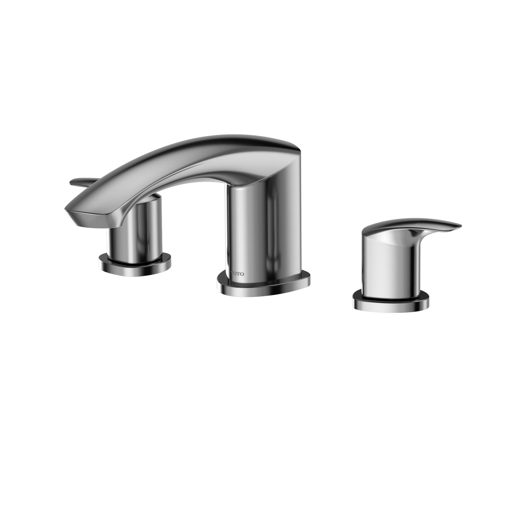 Polished chrome two-handle roman tub filler with curved spout and matching side handles.