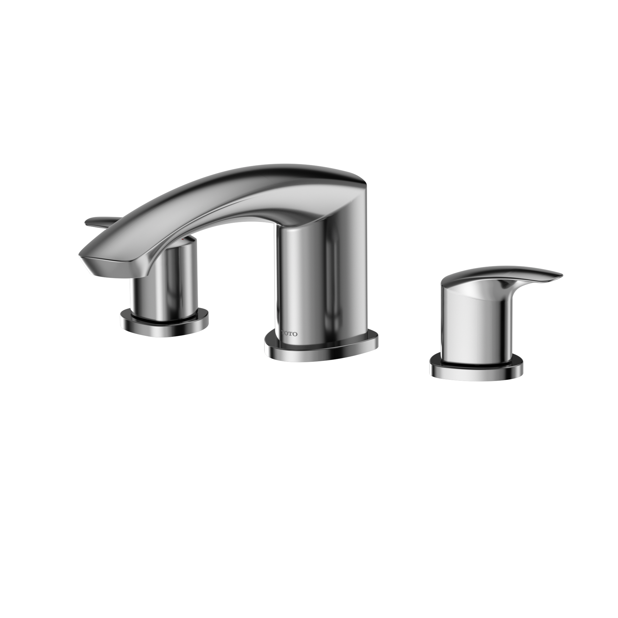 Polished chrome two-handle roman tub filler with curved spout and matching side handles.