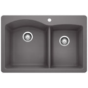 Dark gray double bowl drop-in sink with chrome drain fixtures and single faucet hole.