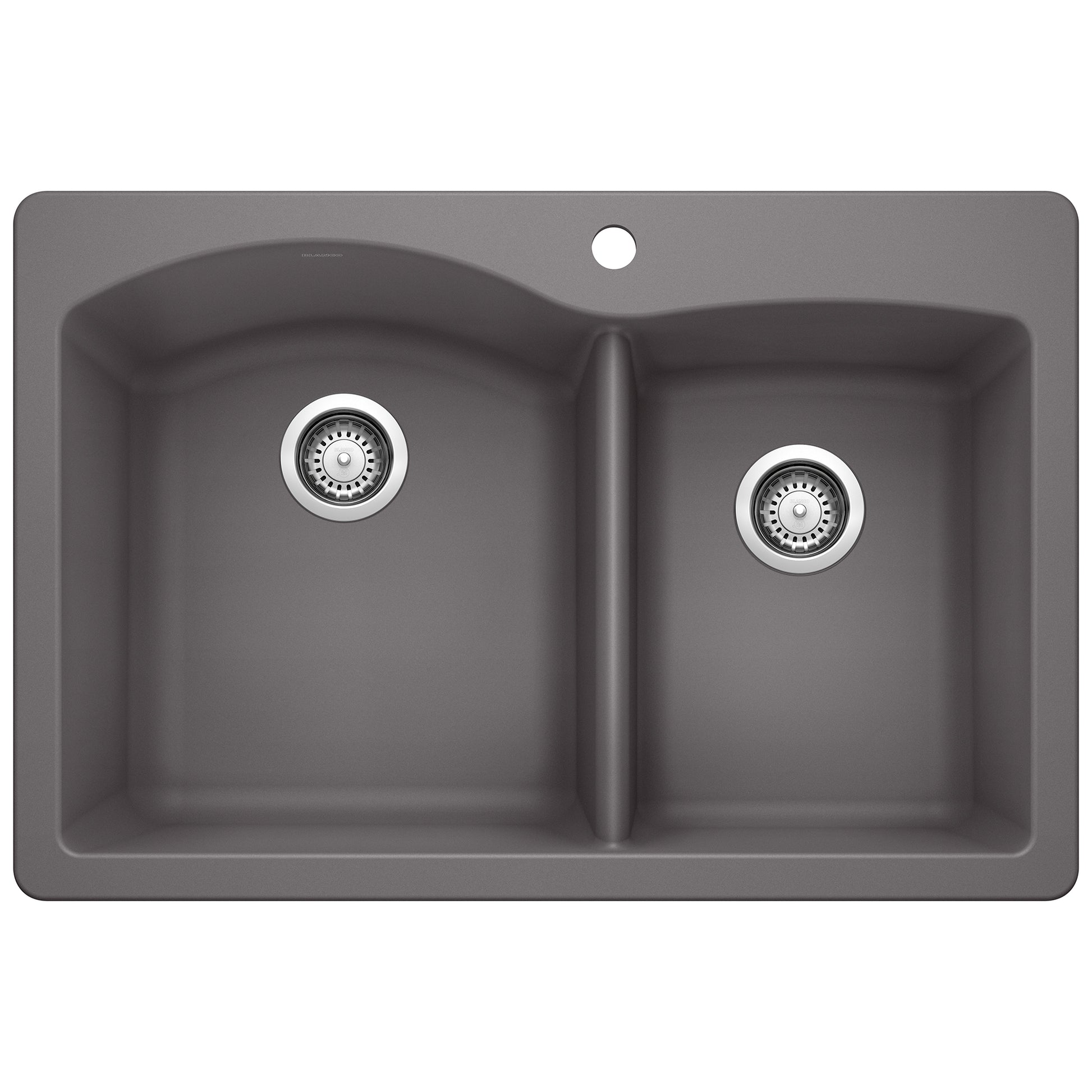 Dark gray double bowl drop-in sink with chrome drain fixtures and single faucet hole.