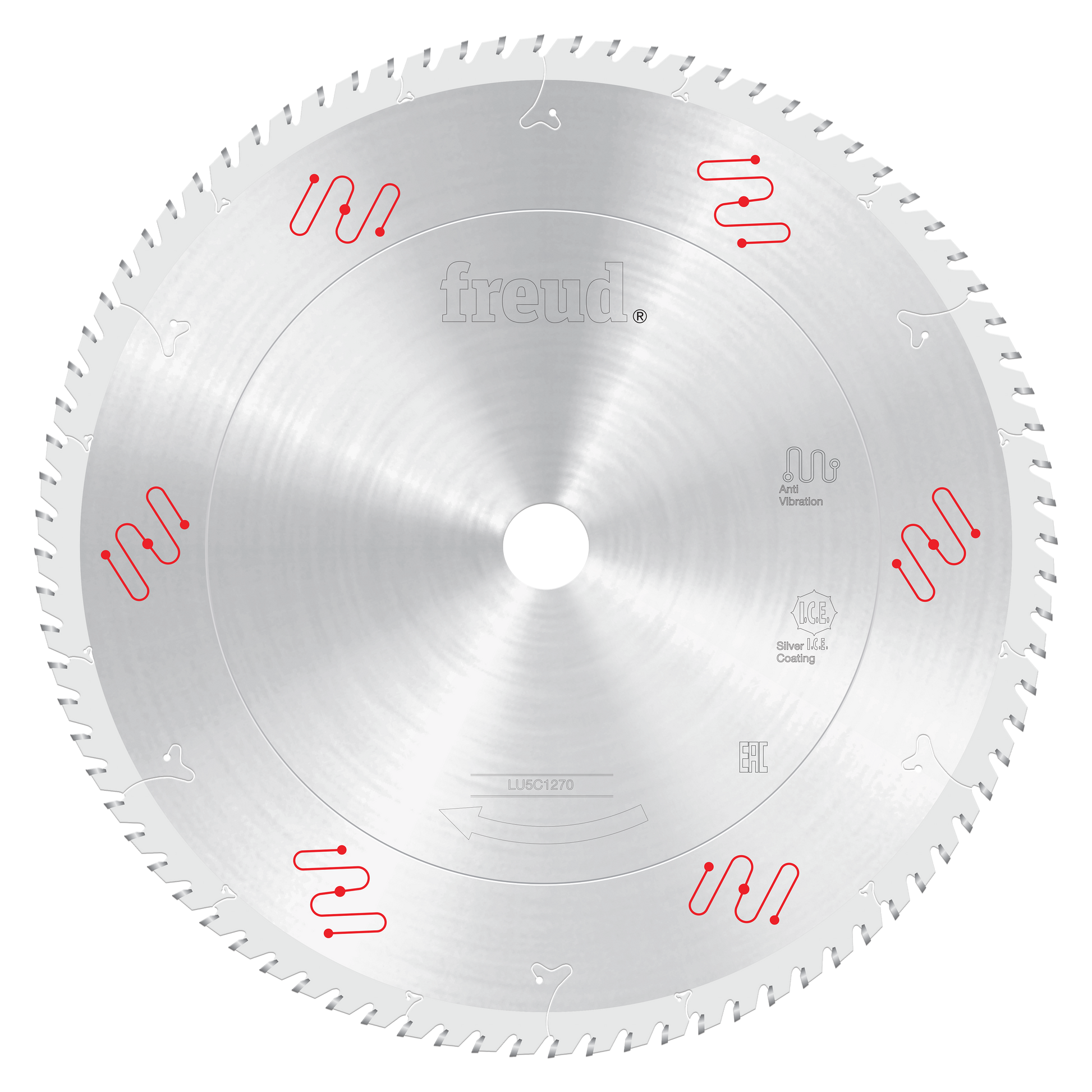 Silver circular saw blade with carbide-tipped teeth around the edge and Freud branding in center.