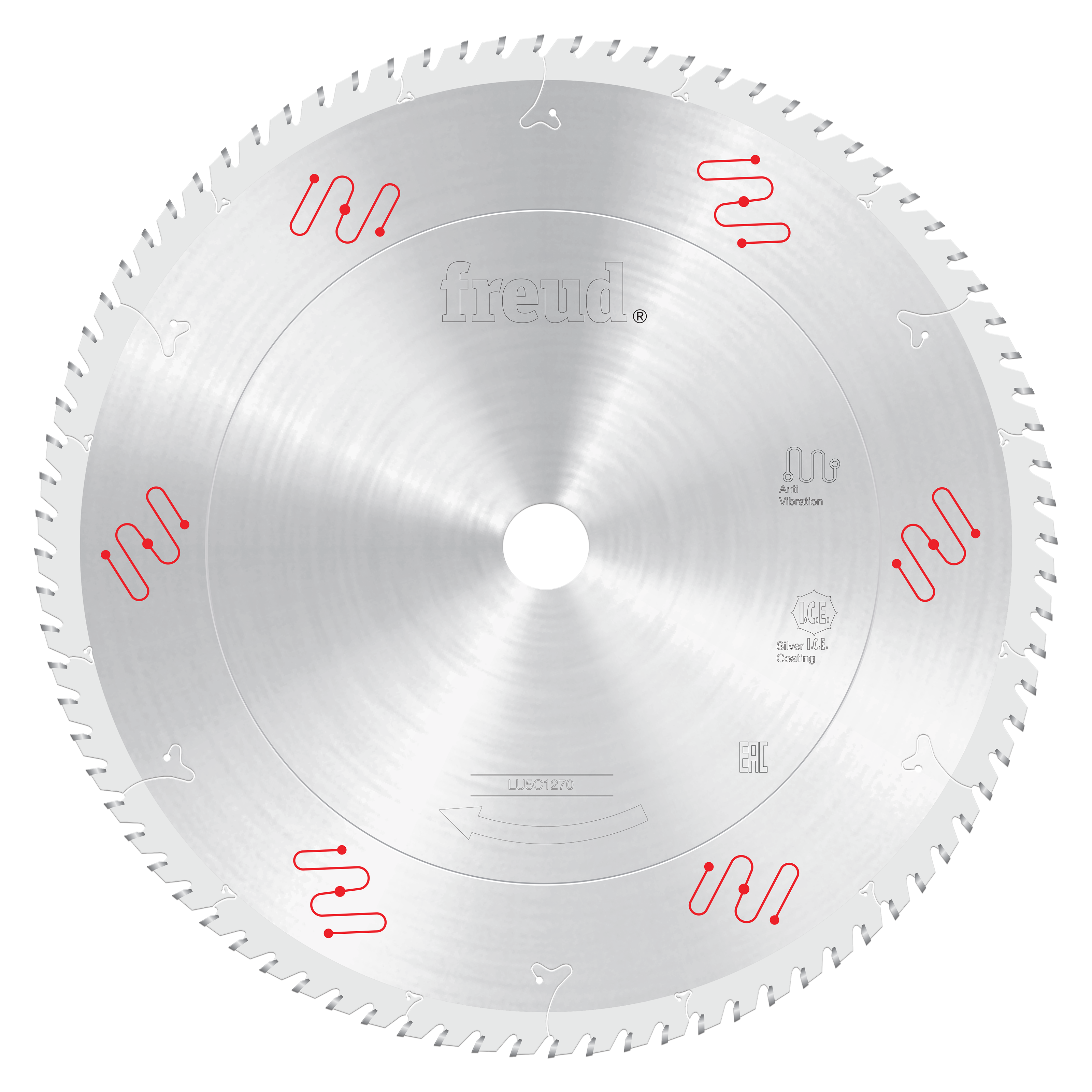 Silver circular saw blade with carbide-tipped teeth around the edge and Freud branding in center.