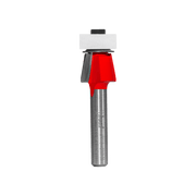 Red and gray bevel trim bit with metal shaft and black top collar for router use.