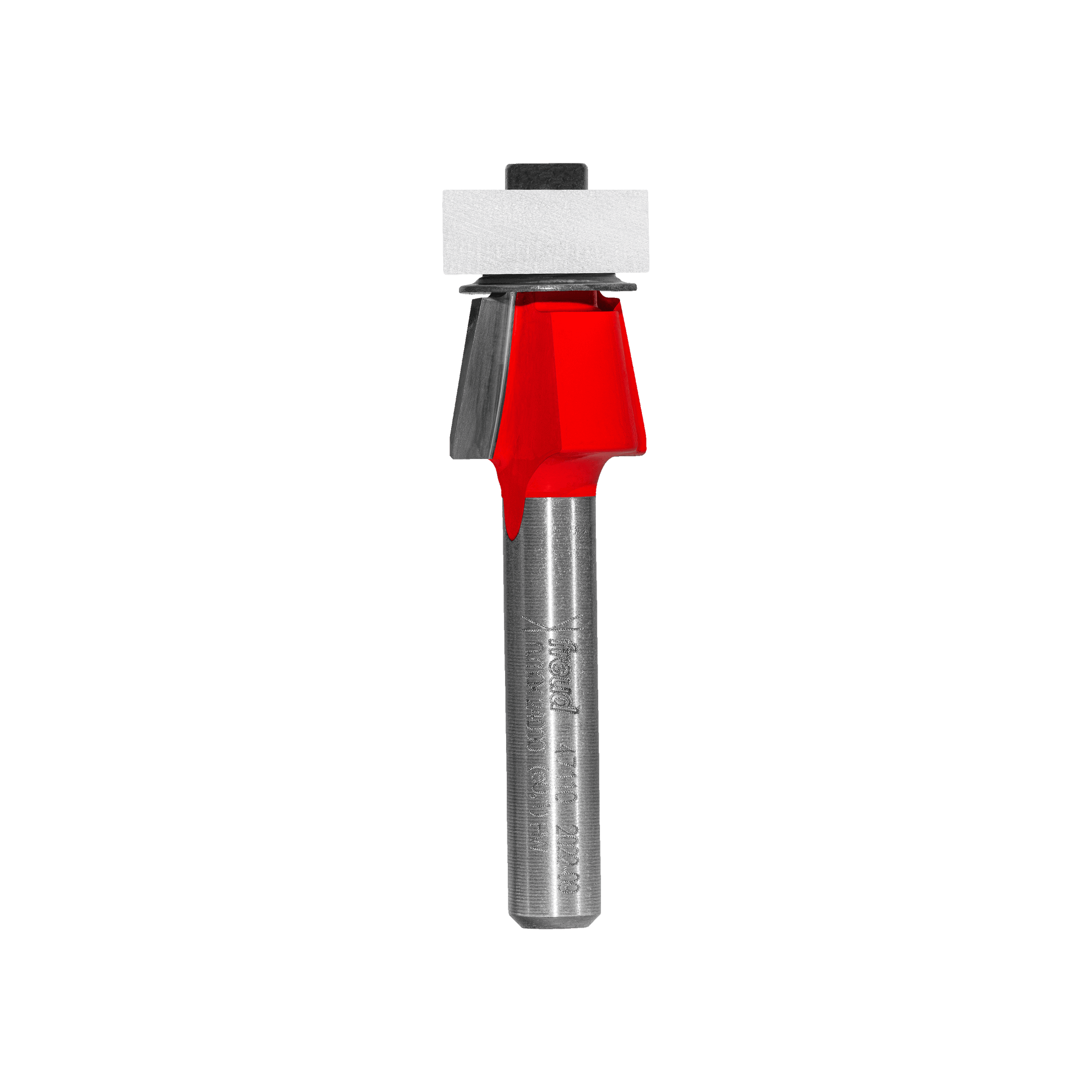 Red and gray bevel trim bit with metal shaft and black top collar for router use.
