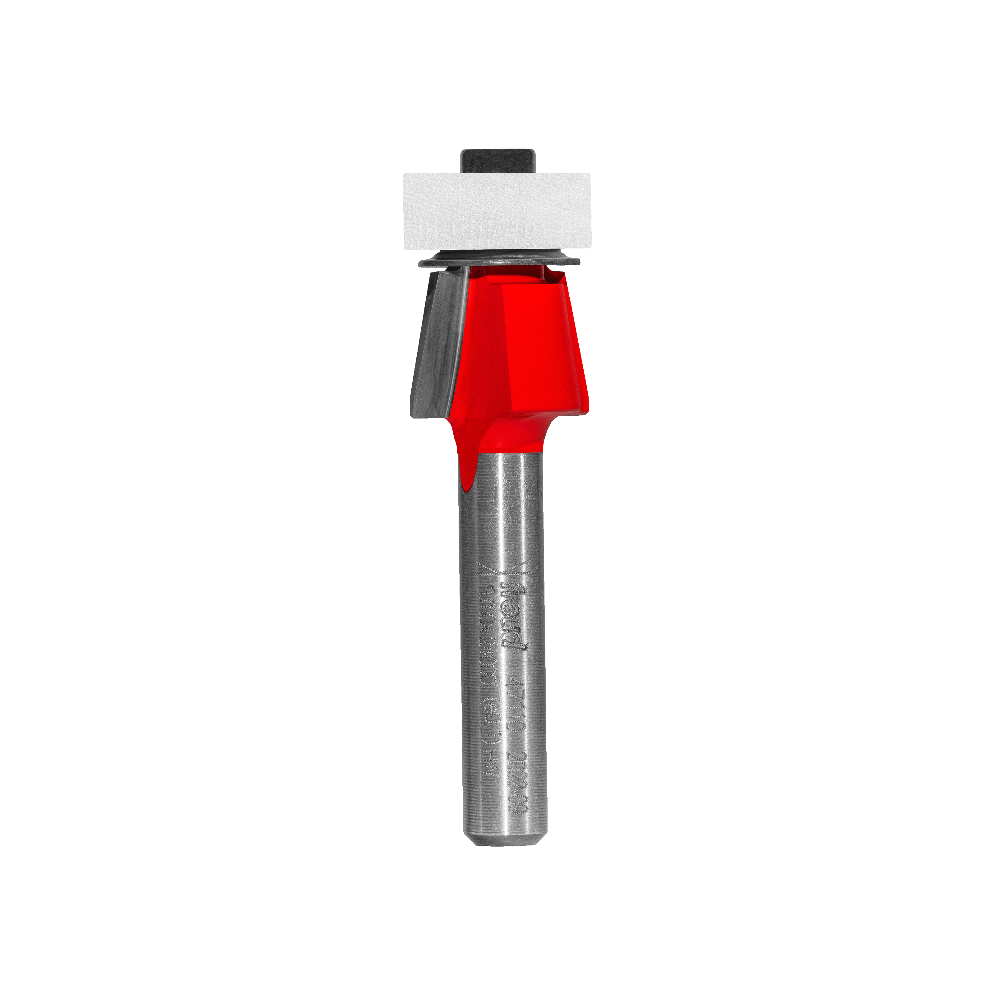 Red and gray bevel trim bit with metal shaft and black top collar for router use.