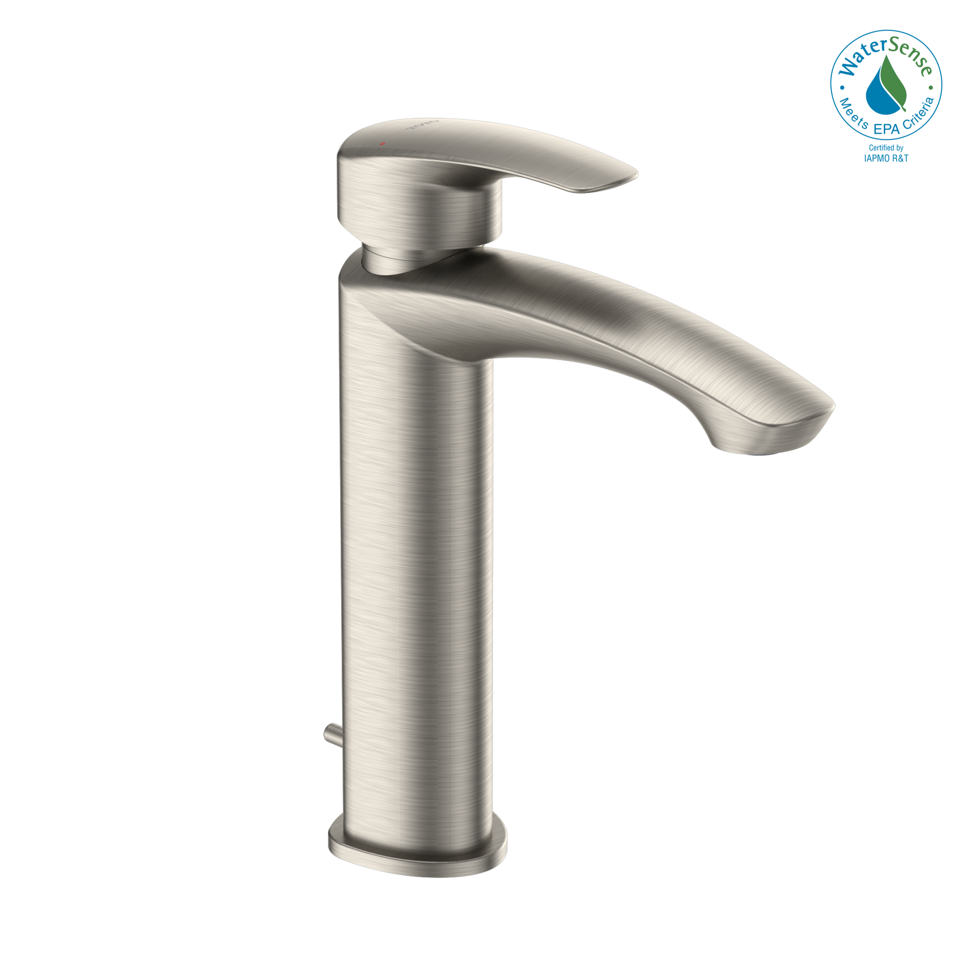 Brushed nickel single-handle bathroom sink faucet with curved spout and tall cylindrical body.