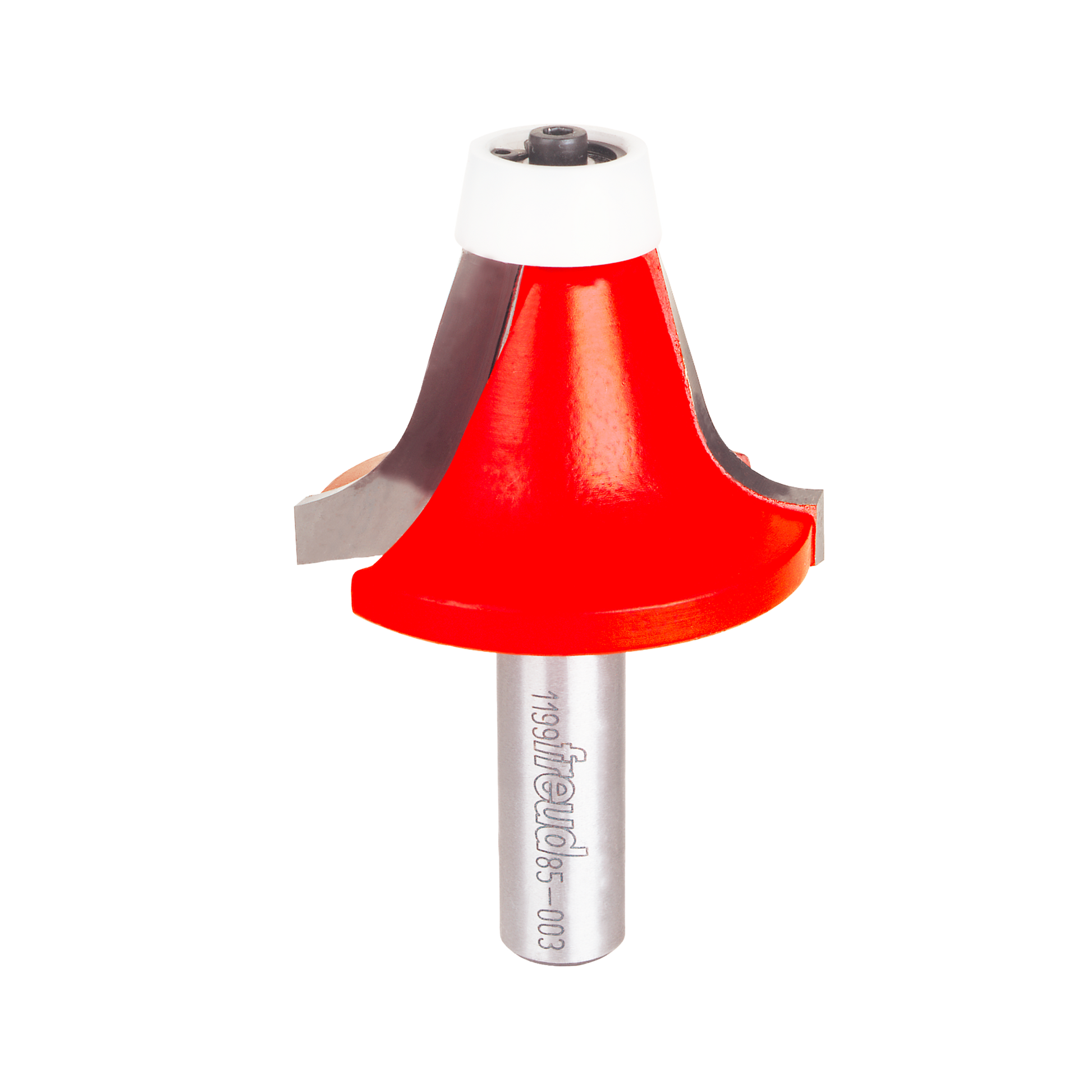 Round over bowl router bit with red cutting head, white top bearing, and silver metal shank.