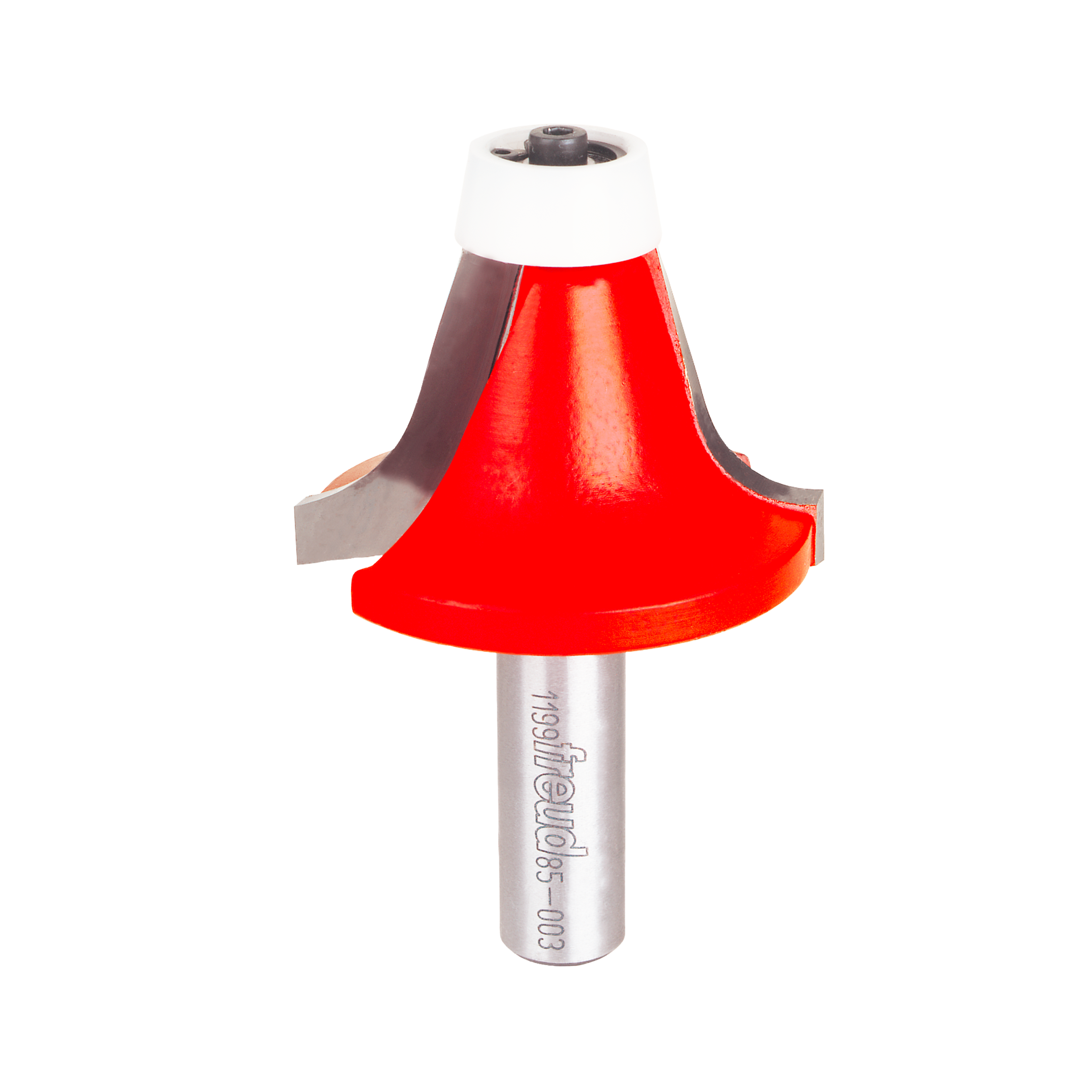 Round over bowl router bit with red cutting head, white top bearing, and silver metal shank.