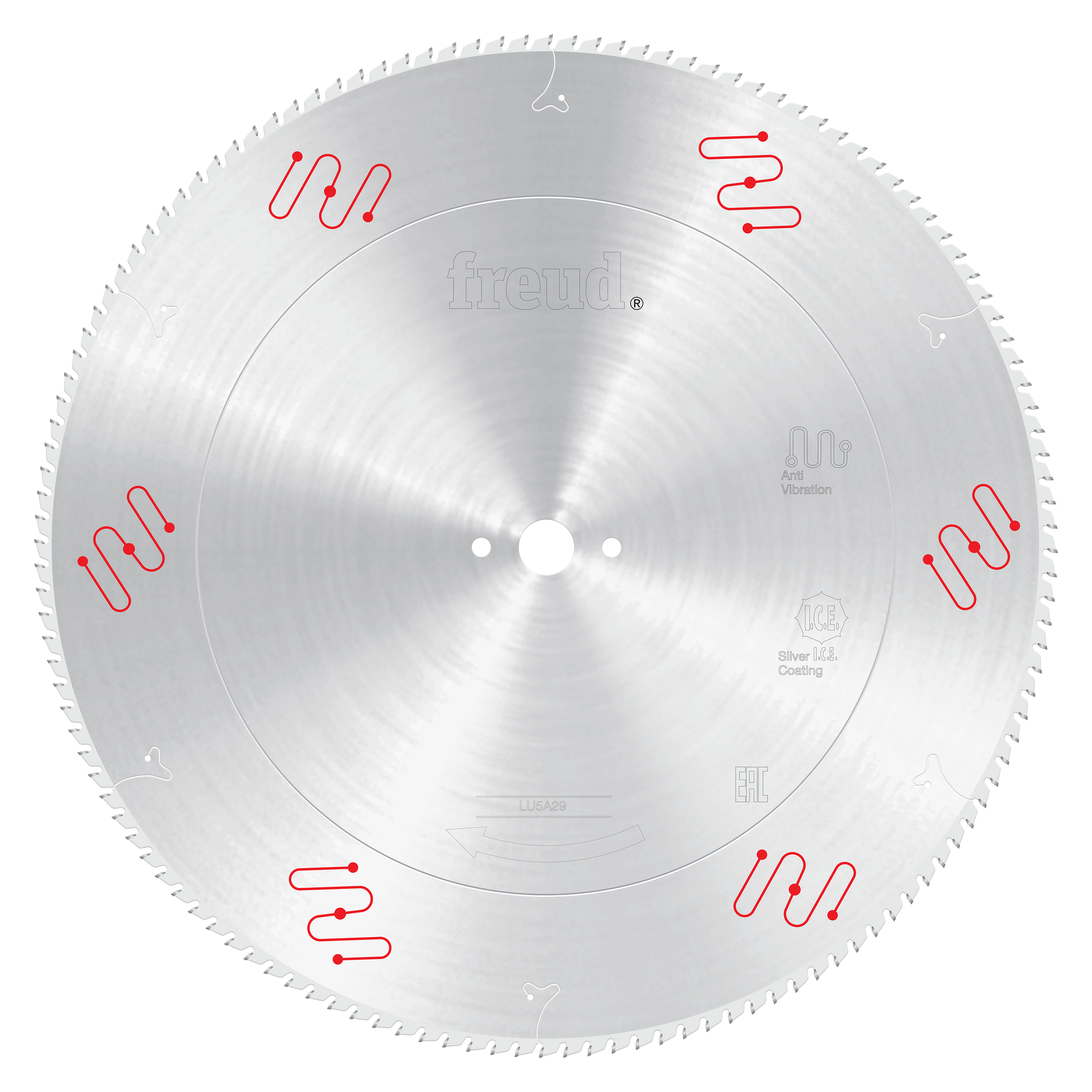 Freud 550mm circular saw blade with silver coating and red temperature indicators around the perimeter.