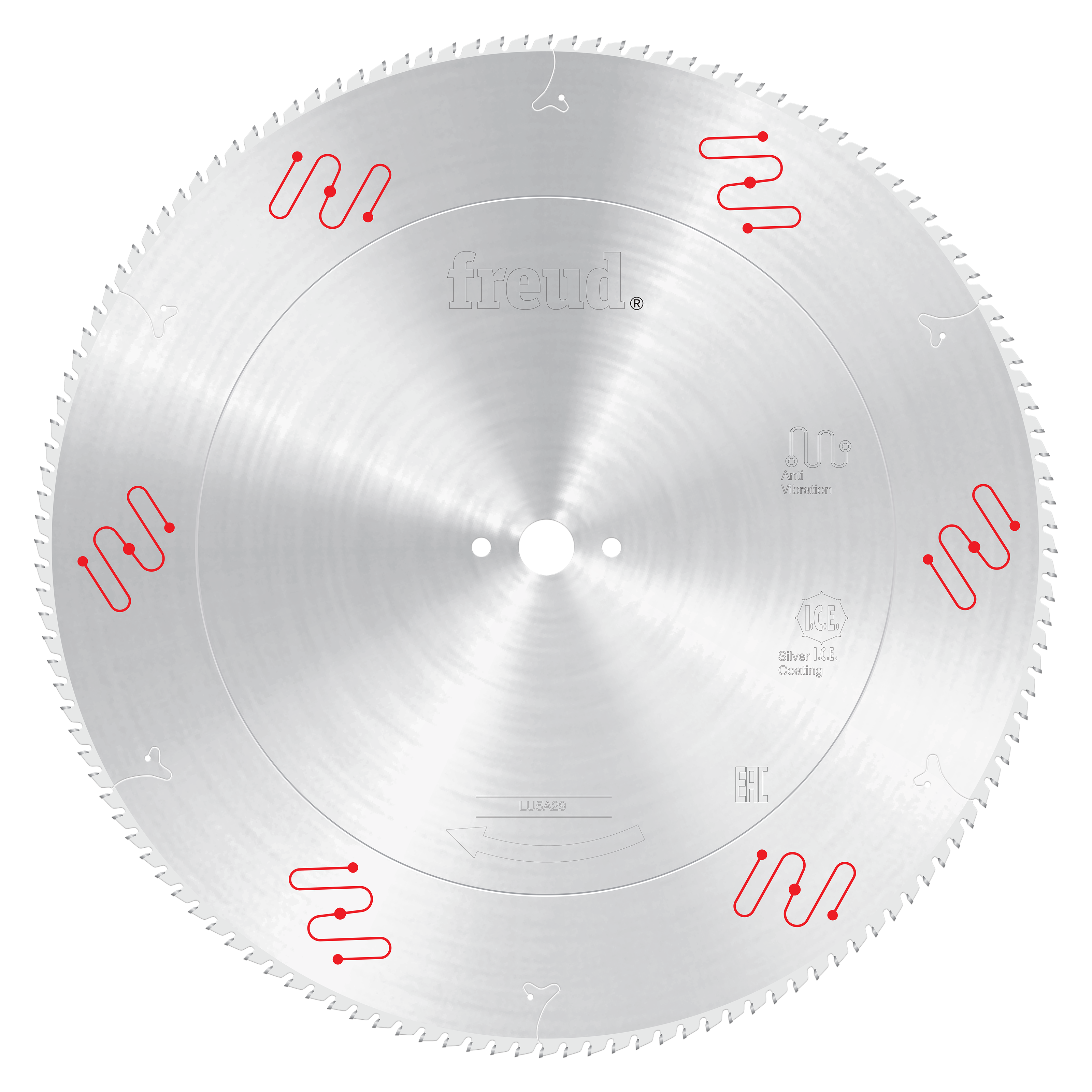 Freud 550mm circular saw blade with silver coating and red temperature indicators around the perimeter.