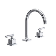 Polished chrome three-piece widespread lavatory faucet with curved C-spout and lever handles.