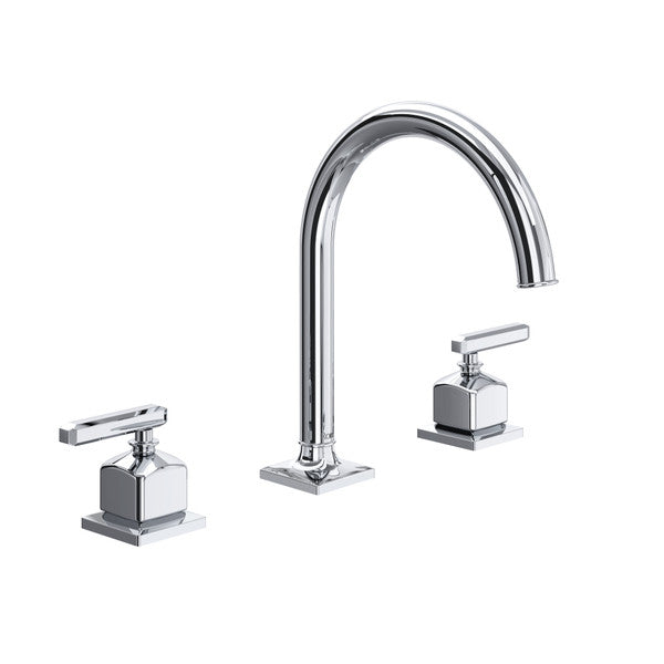 Polished chrome three-piece widespread lavatory faucet with curved C-spout and lever handles.