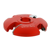 Red router cutter head with dual cutting edges and mounting holes for woodworking applications.