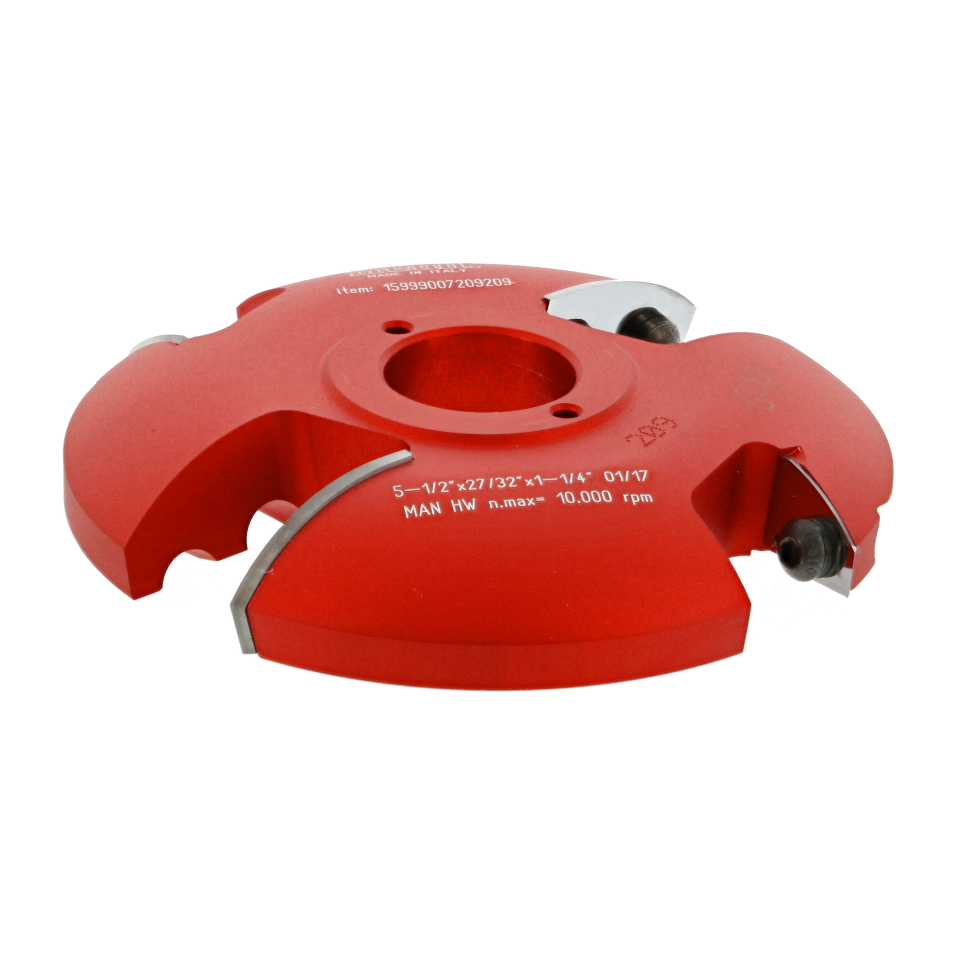 Red router cutter head with dual cutting edges and mounting holes for woodworking applications.