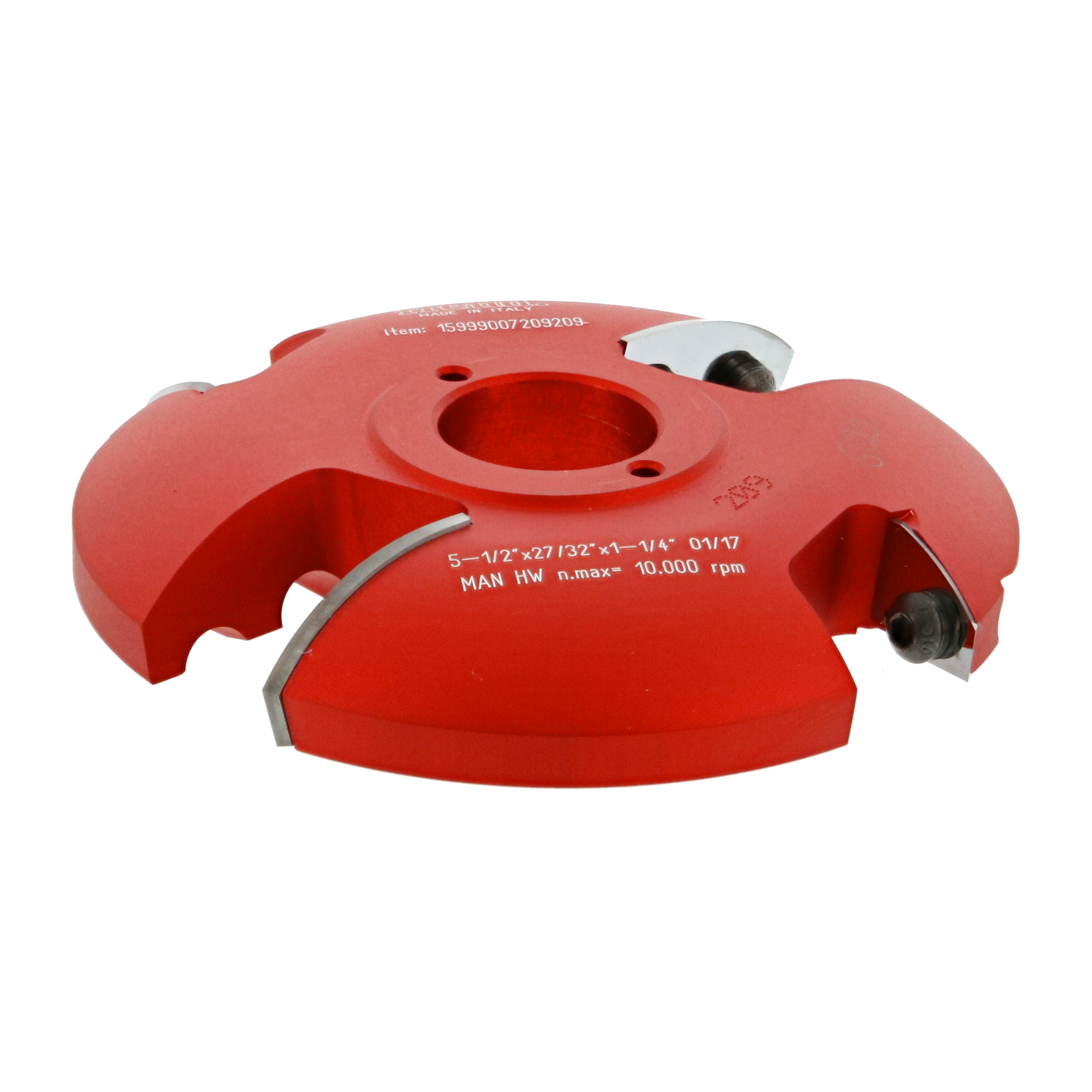 Red router cutter head with dual cutting edges and mounting holes for woodworking applications.