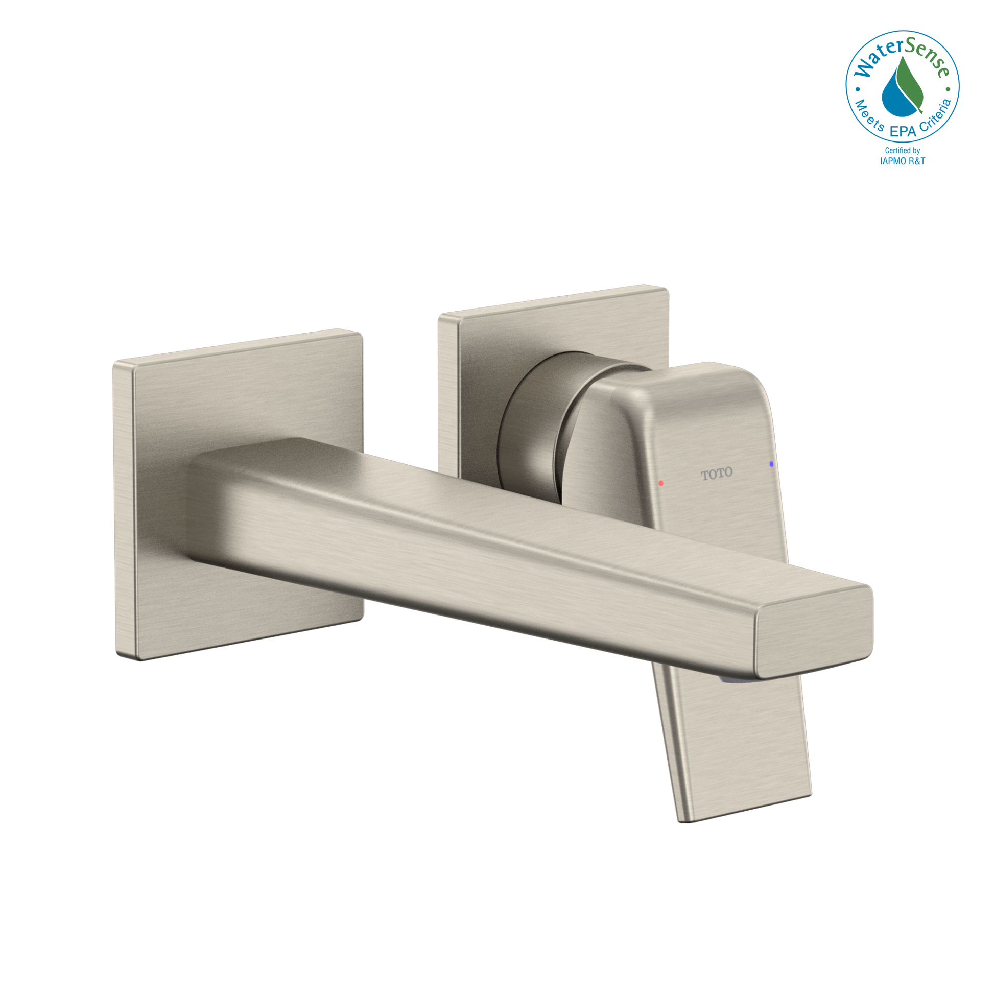 Brushed nickel wall-mount bathroom faucet with single handle and rectangular escutcheons.